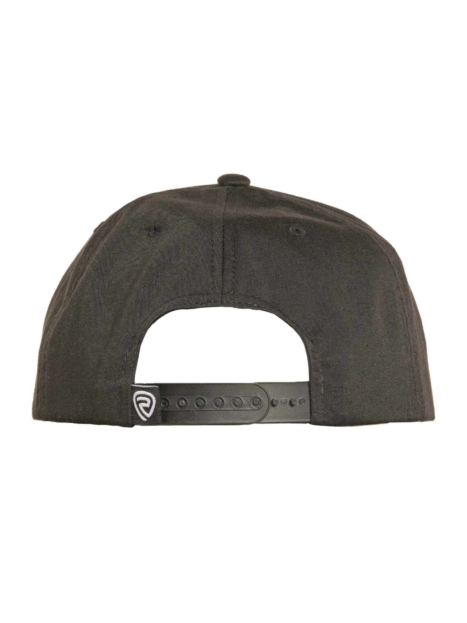 Black cap with a brand logo on the back against a white background