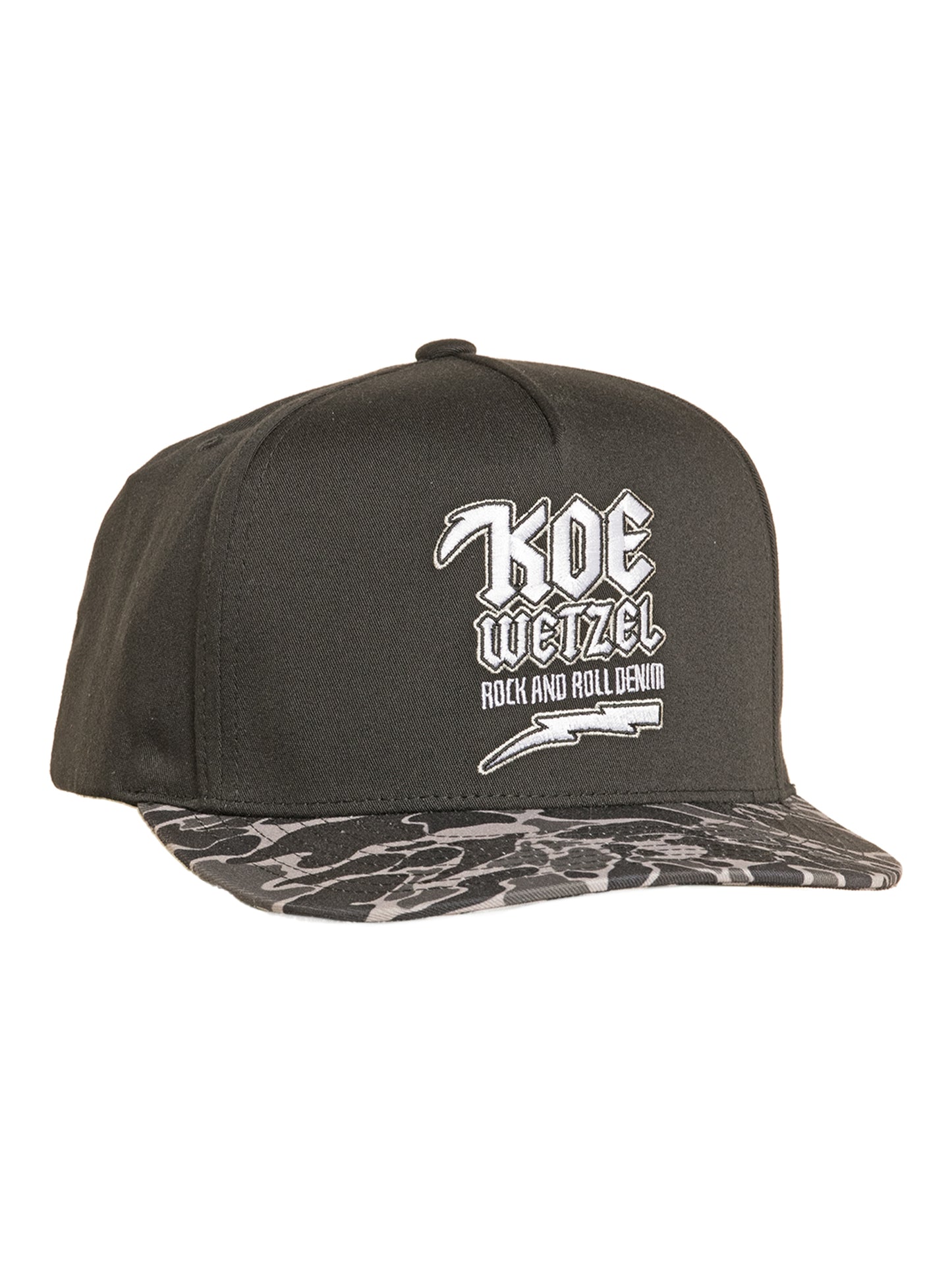 Black cap with white Koe Wetzel text and design on a white background
