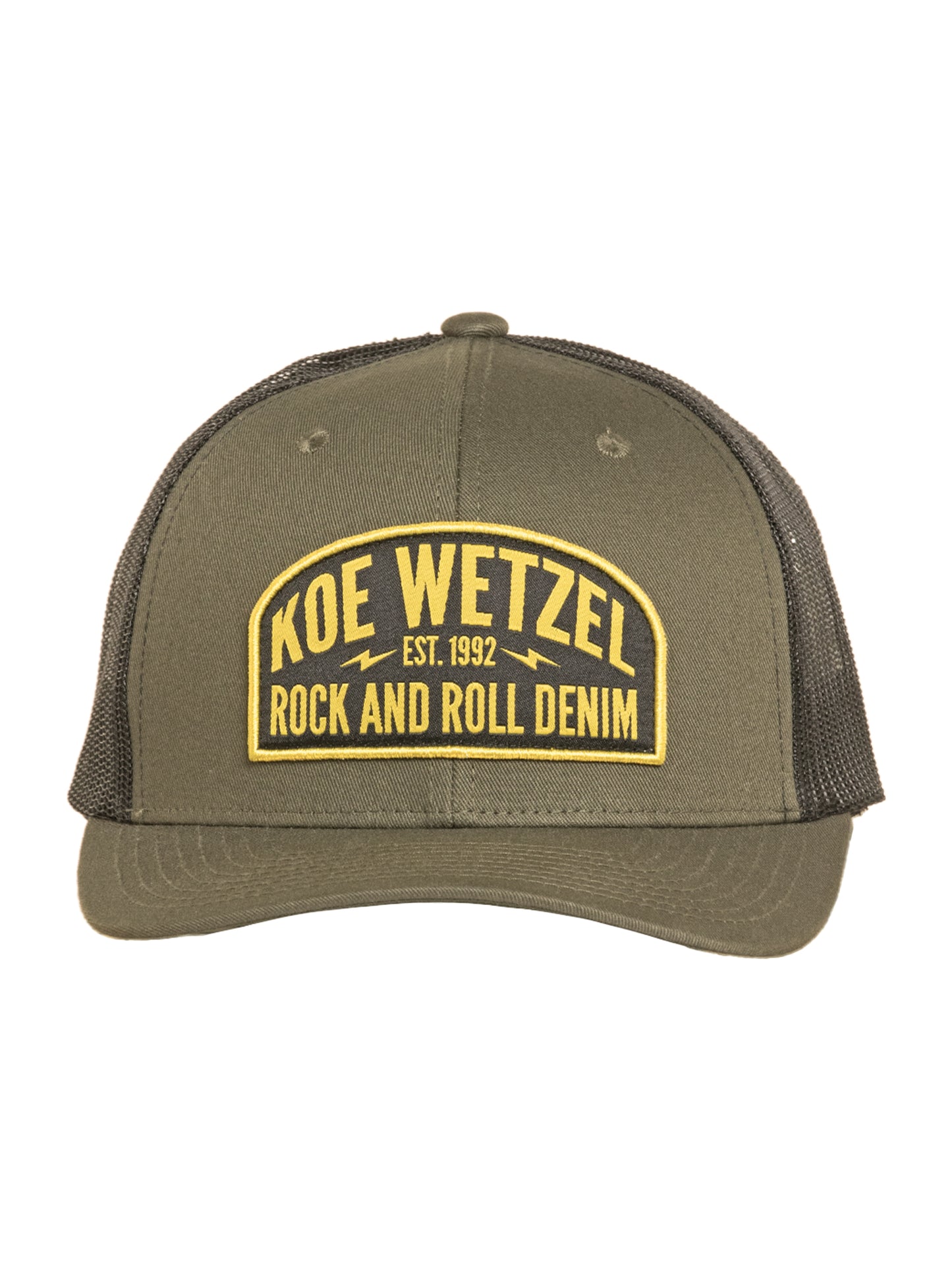 Green cap with yellow Koe Wetzel text on a white background