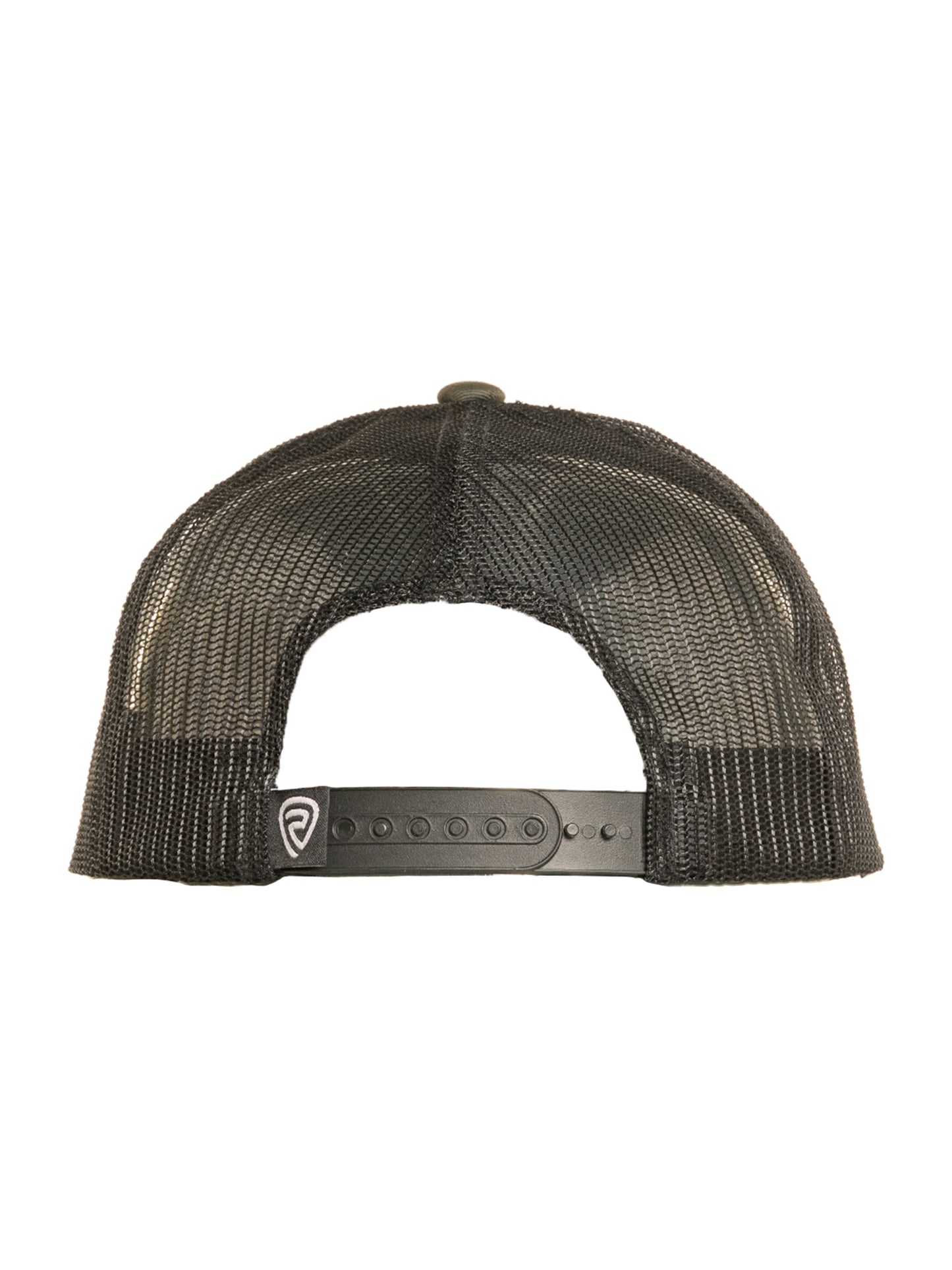 Black mesh cap with a brand logo on a white background