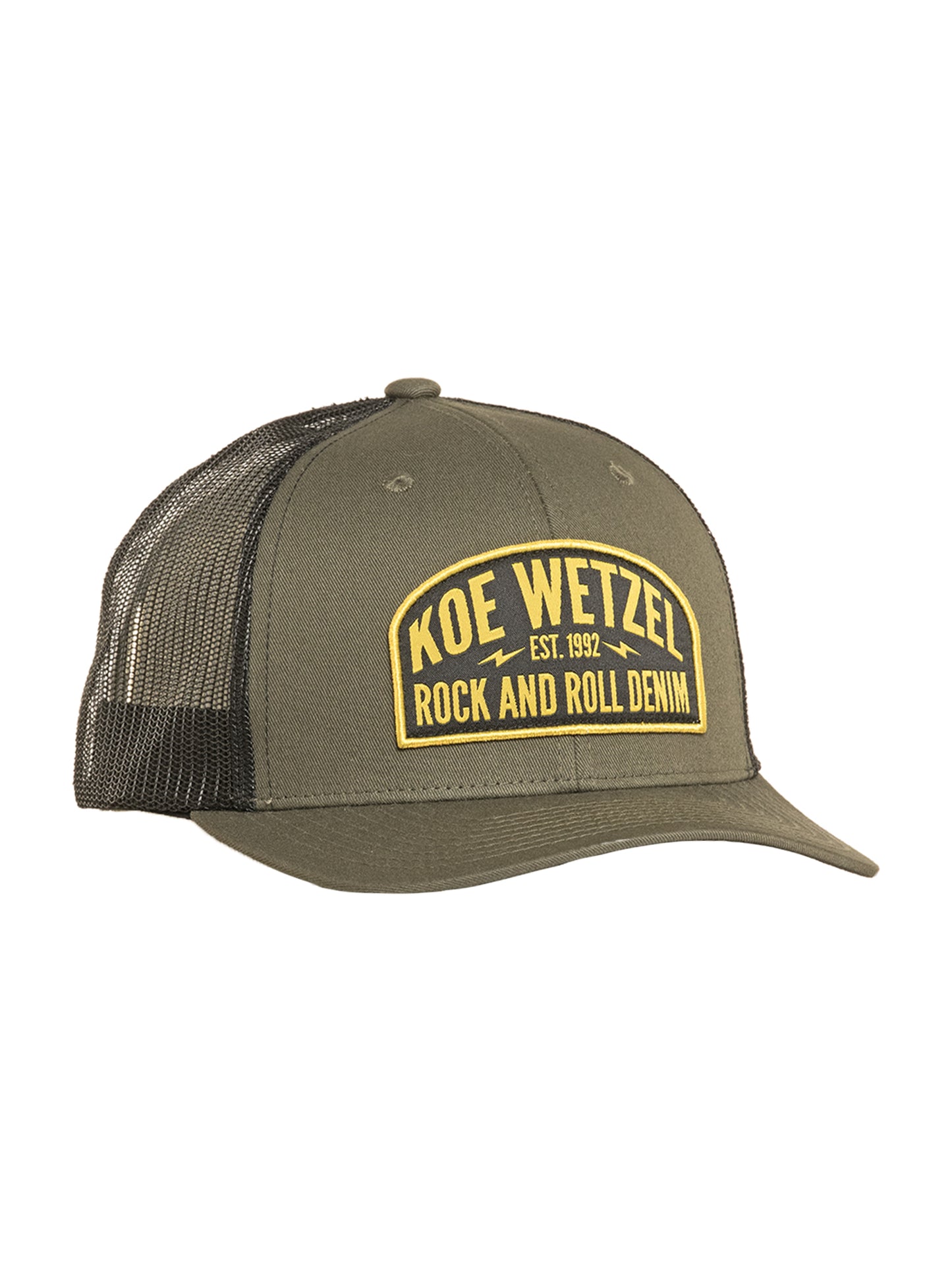 Green cap with yellow Koe Wetzel text on a white background