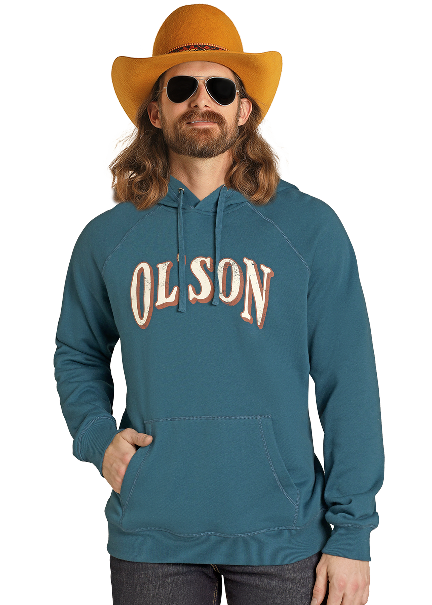 Man wearing a blue hoodie with 'OLSON' text, yellow hat, and sunglasses on a white background