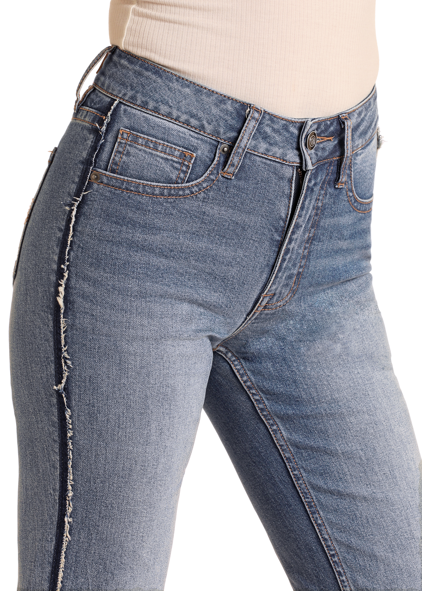 Blue jeans with frayed edges on a white background