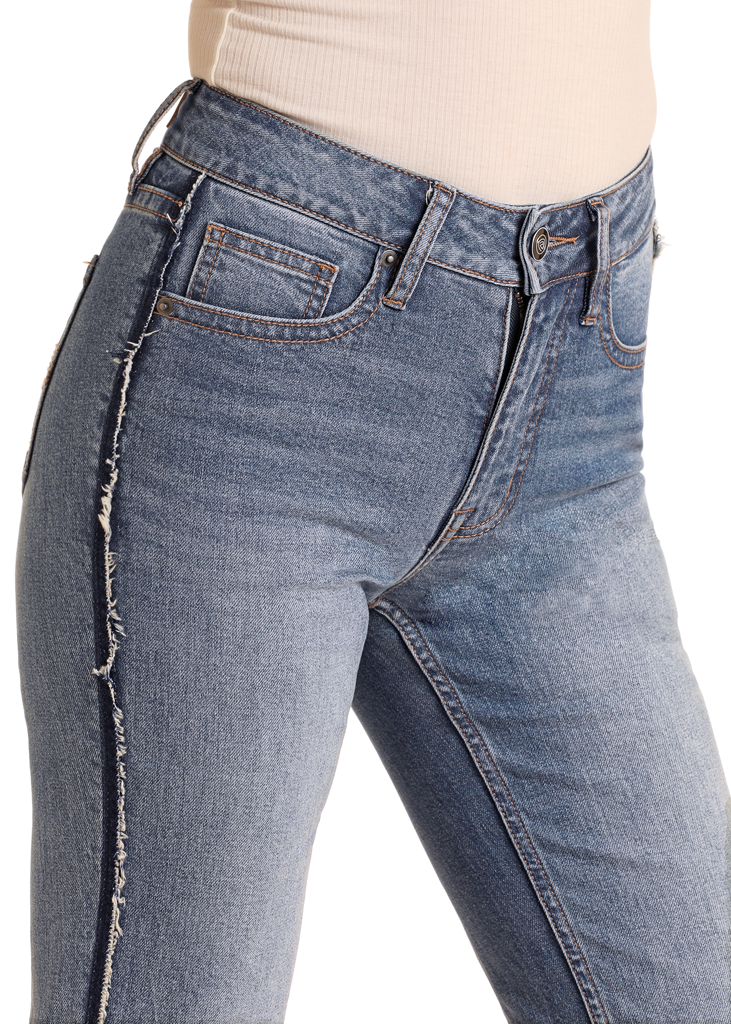 Blue jeans with frayed edges on a white background