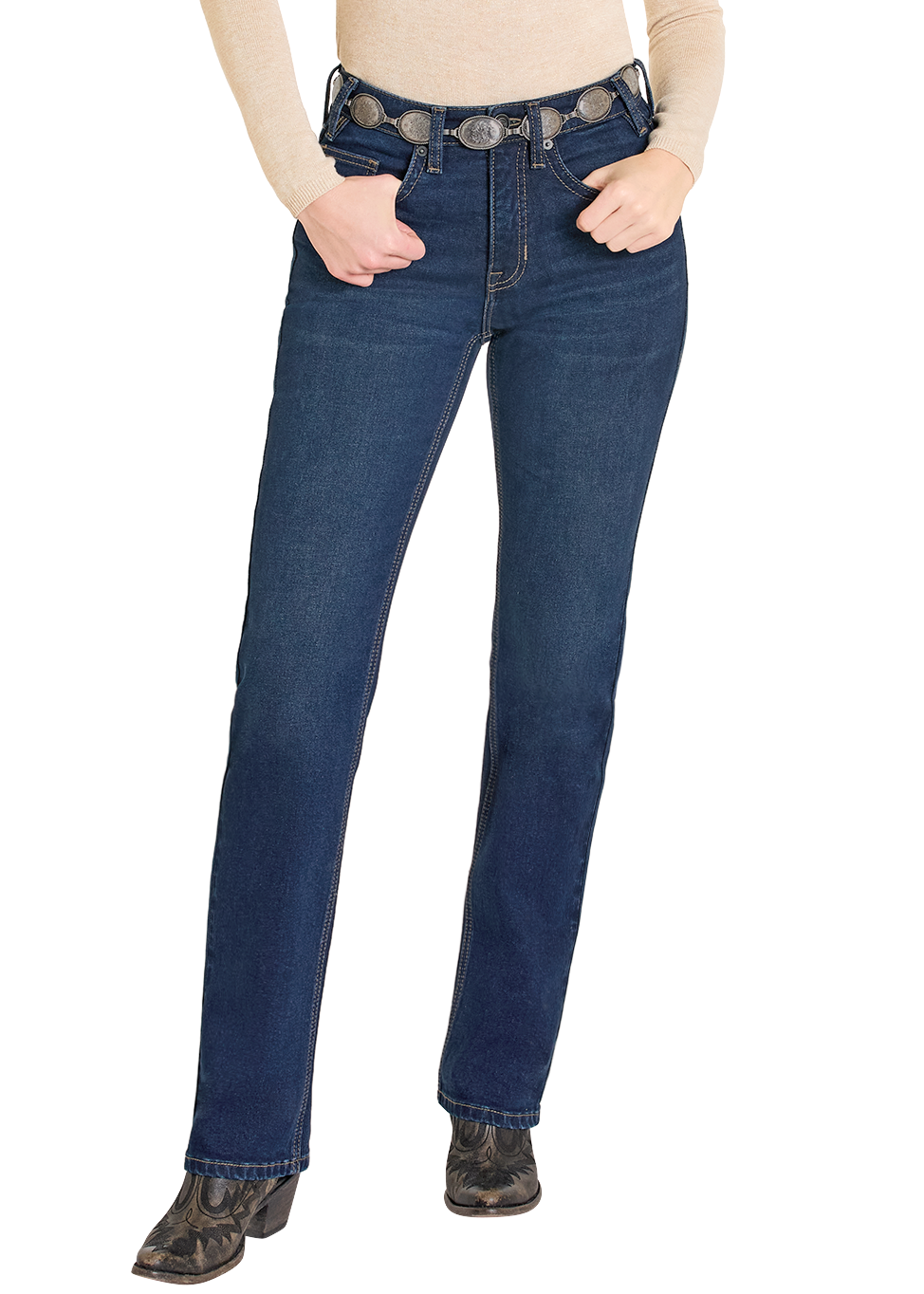 Woman wearing a beige top, blue jeans, and a beige cowboy hat on a white background