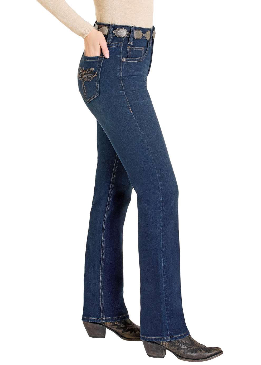 Woman wearing blue jeans and a beige top with a beige hat on a white background