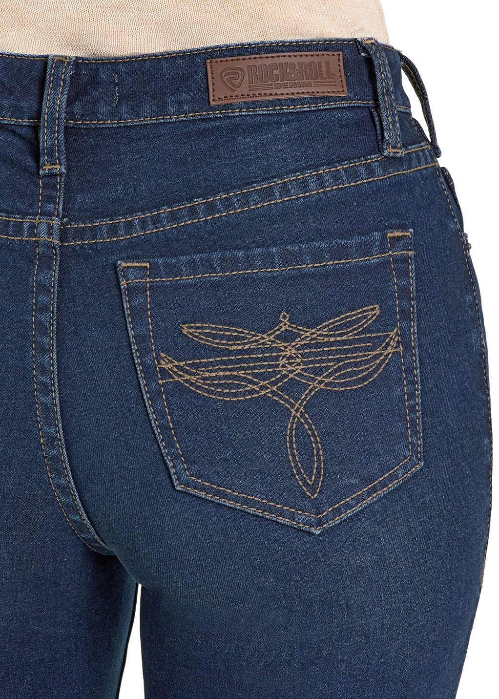 Blue jeans with dragonfly designs on the pockets against a white background