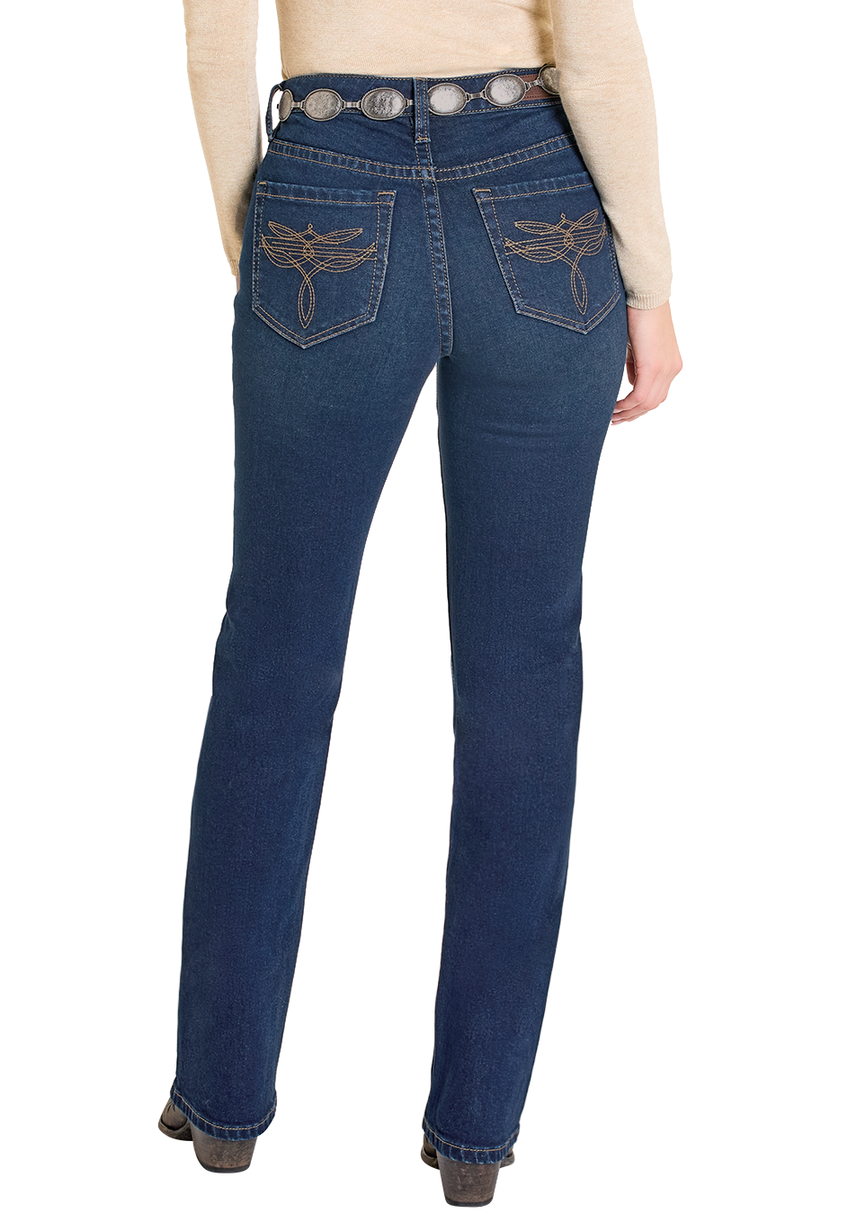 Person wearing blue jeans and a beige cowboy hat on a white background