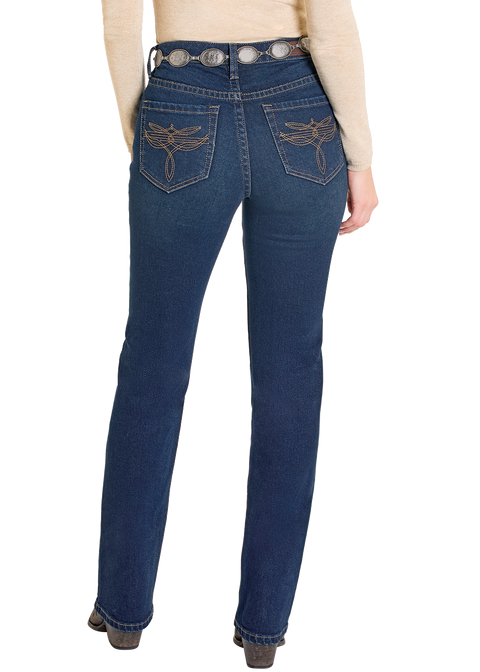 Women's High Rise Boot Embroidered Pocket Modest Bootcut Jeans