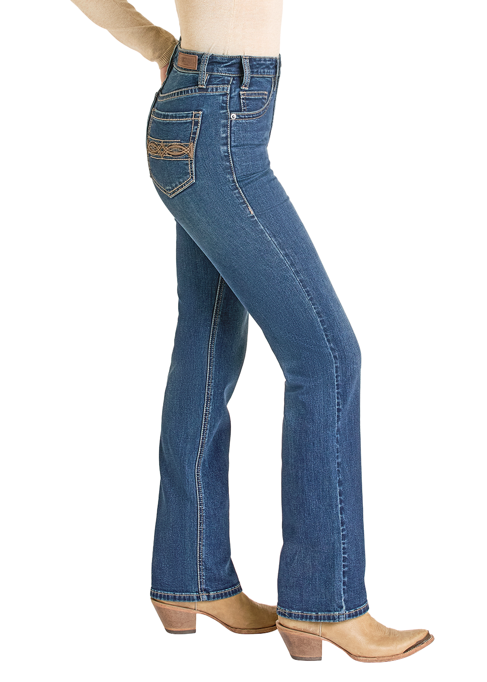 Woman wearing blue jeans and a black cowboy hat on a white background