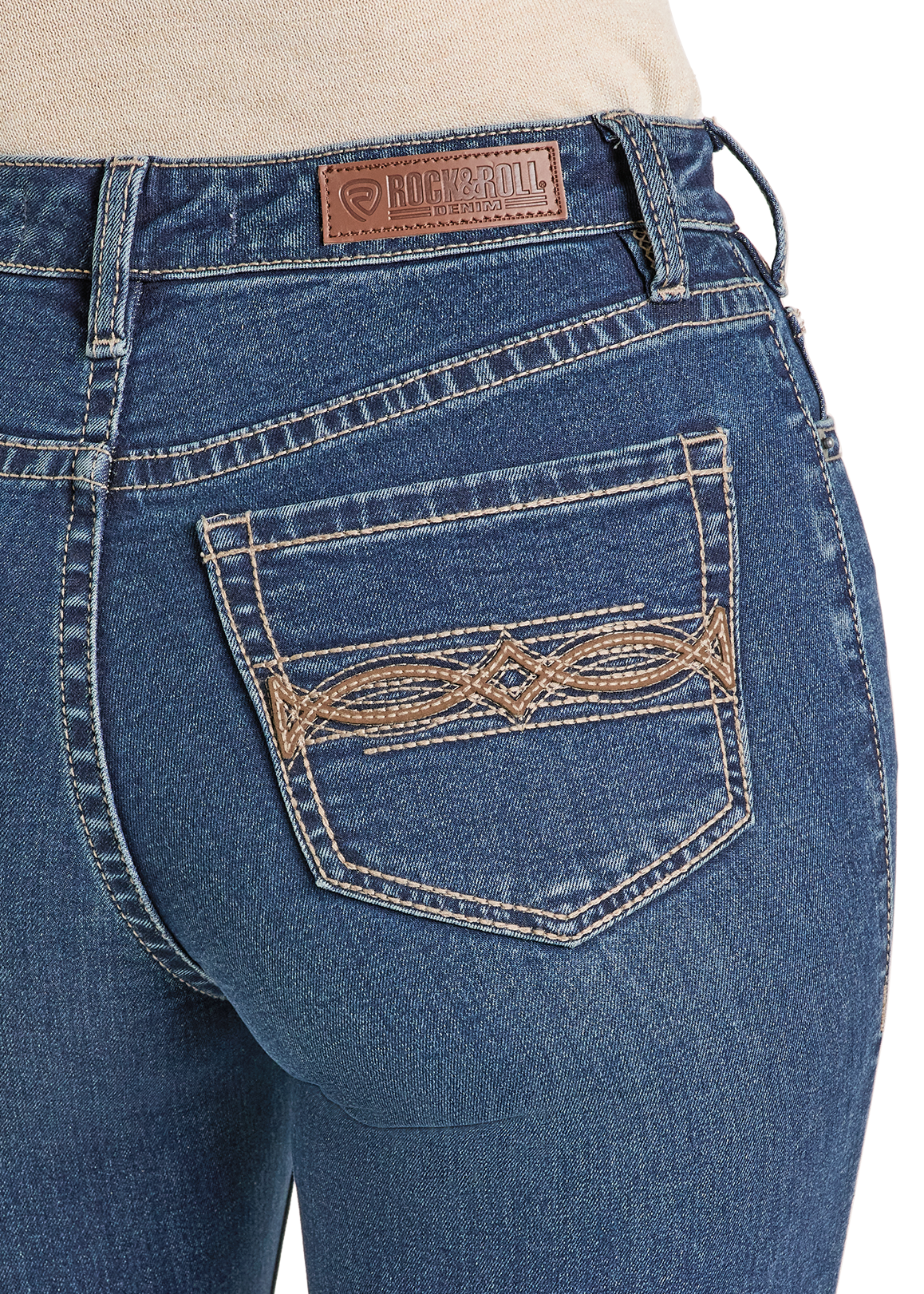 Blue jeans with a brand logo on the back pocket against a white background