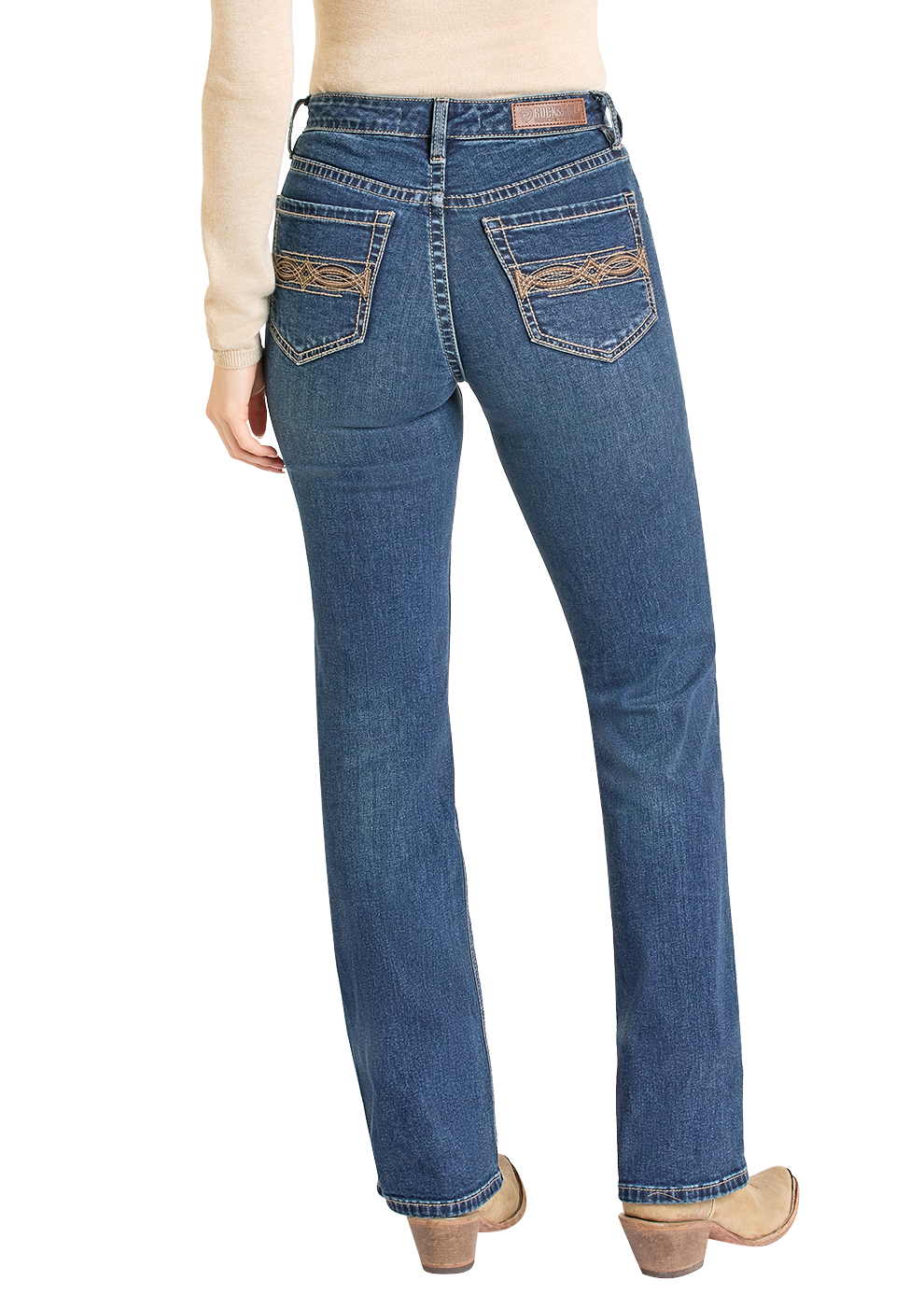 Person wearing blue jeans and a black cowboy hat on a white background