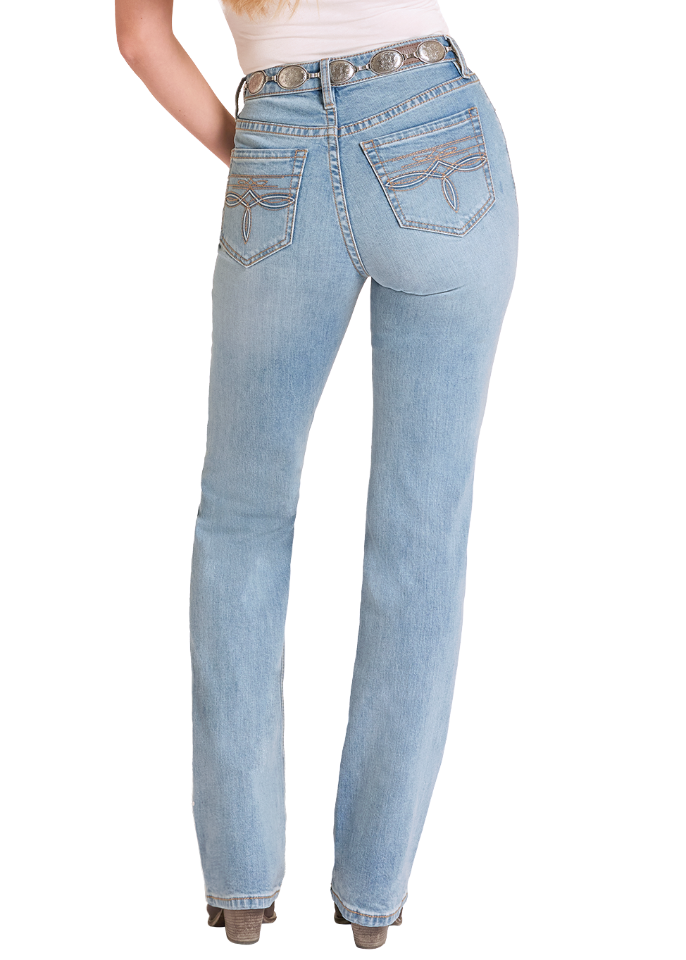 back view of high rise women's jeans with a boot stitch pocket.  