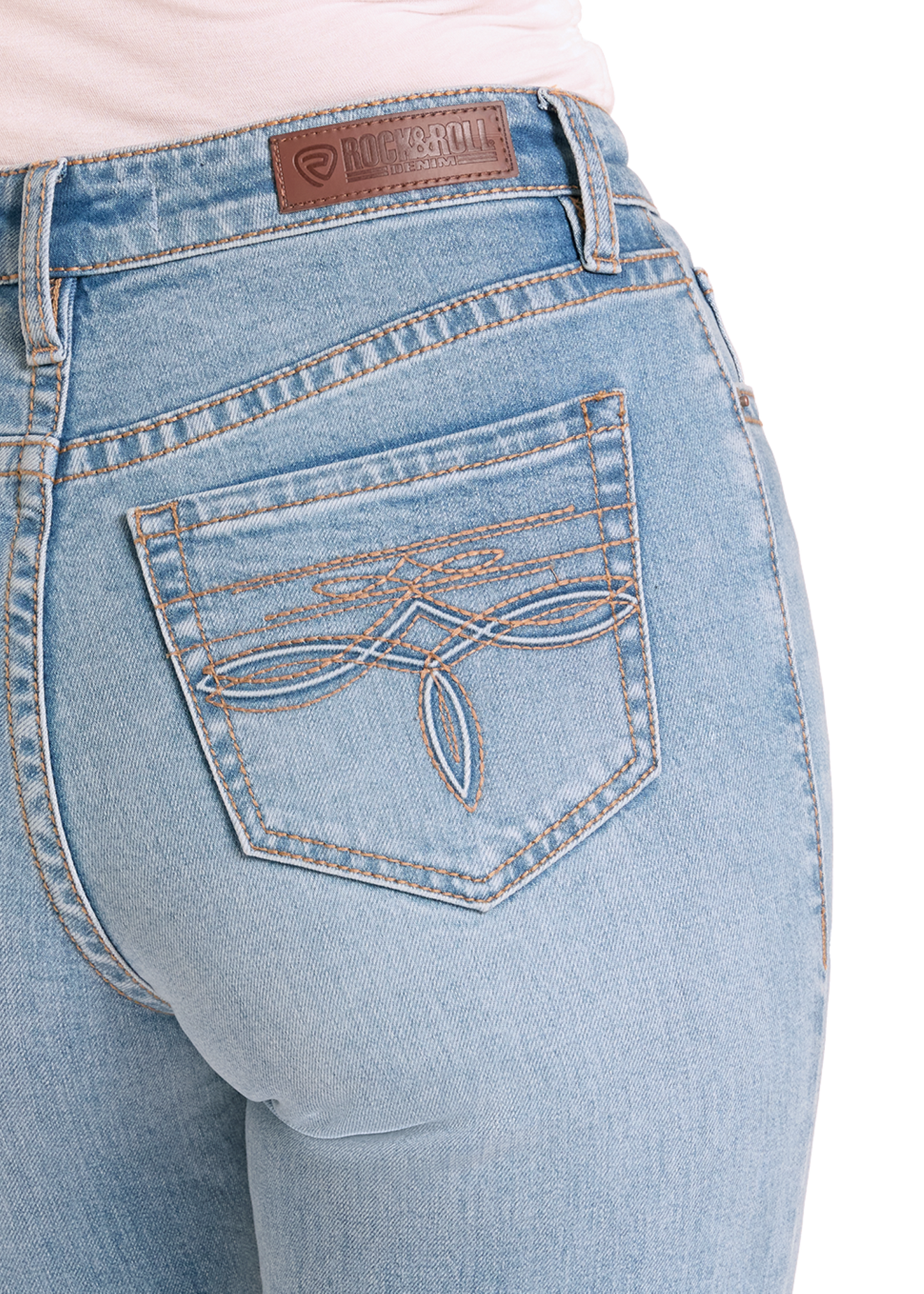 Light blue jeans with a brand logo on the pocket on a white background