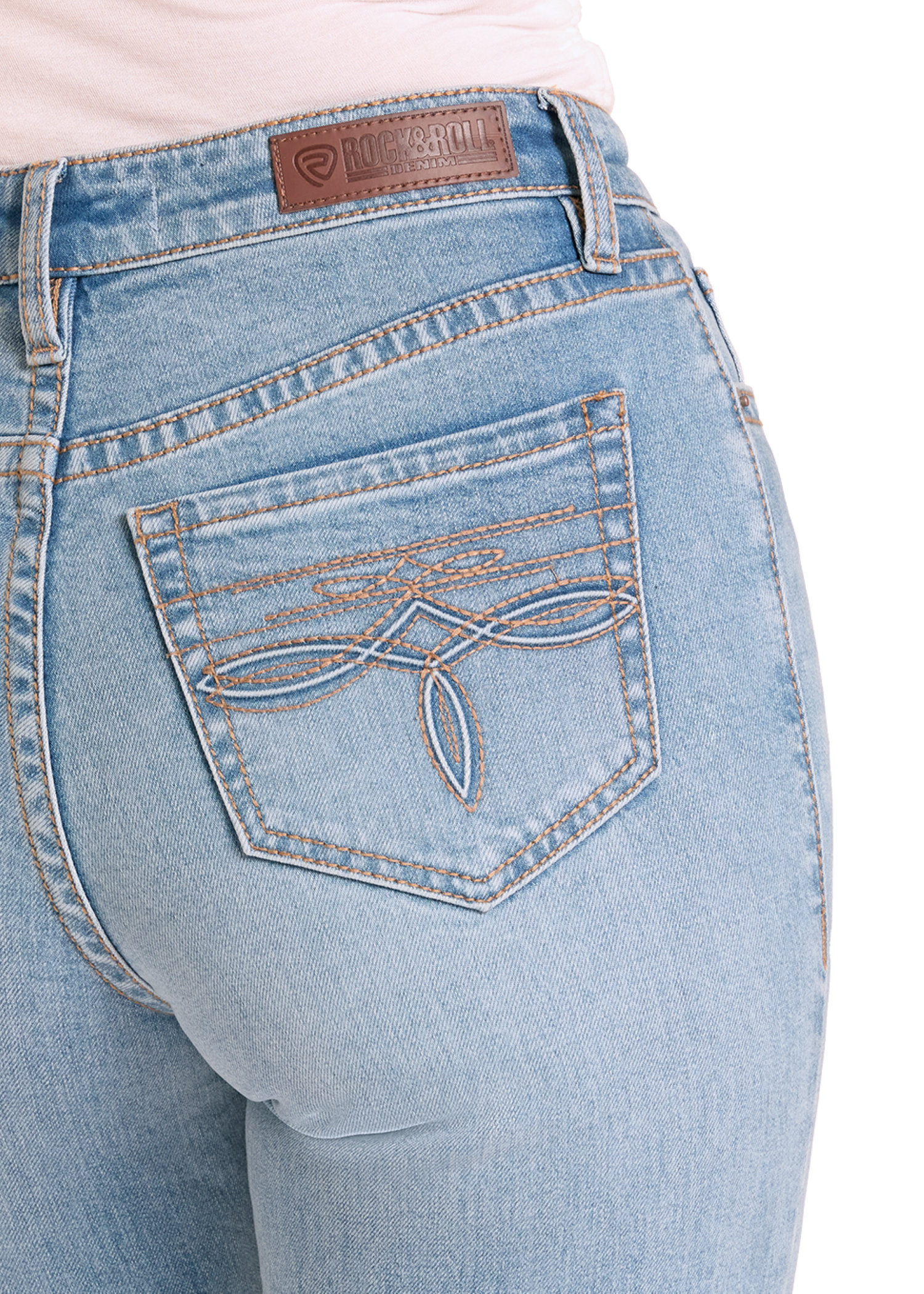 Light blue jeans with a brand logo on the pocket on a white background