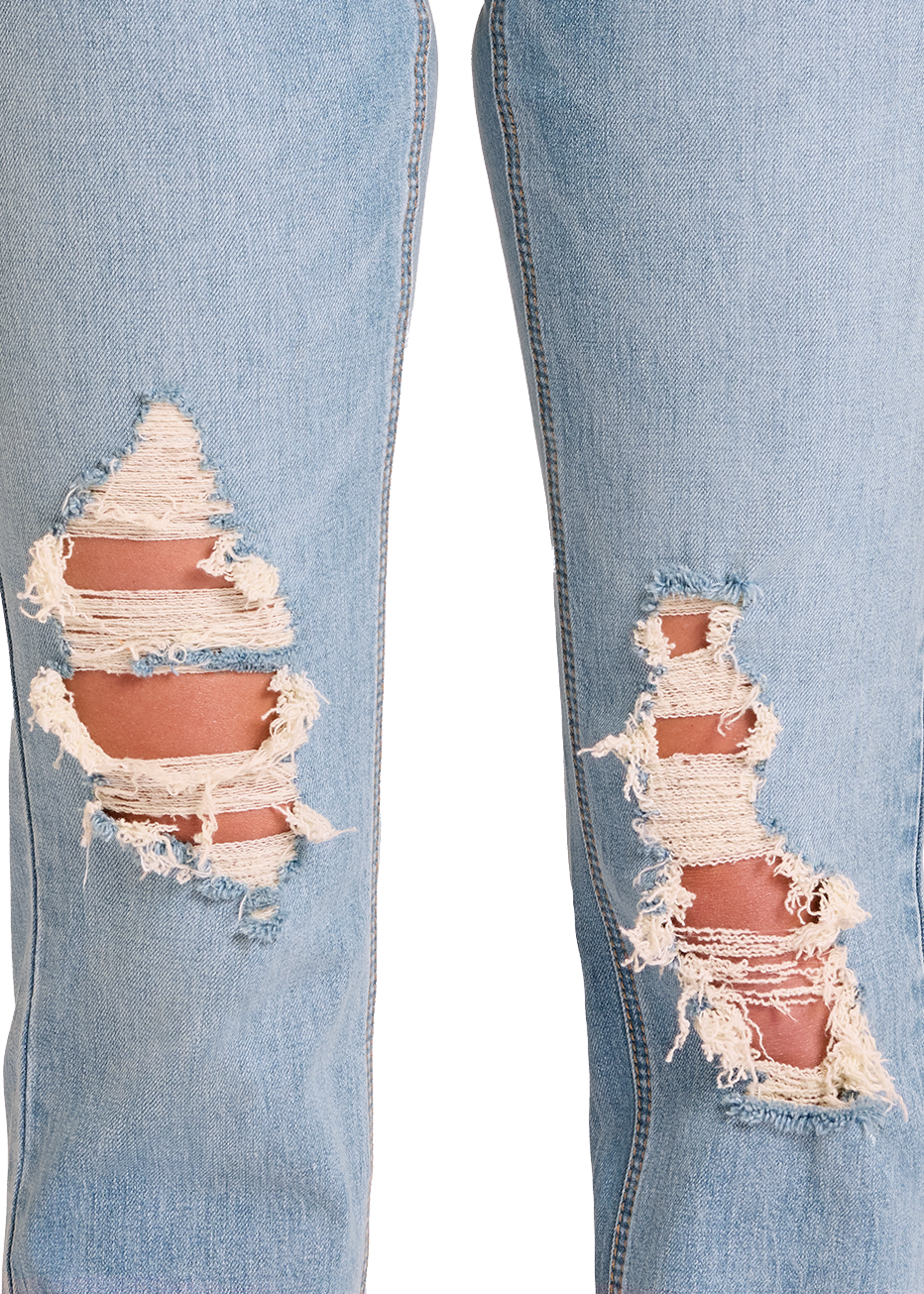 Light blue jeans with distressed details on a white background