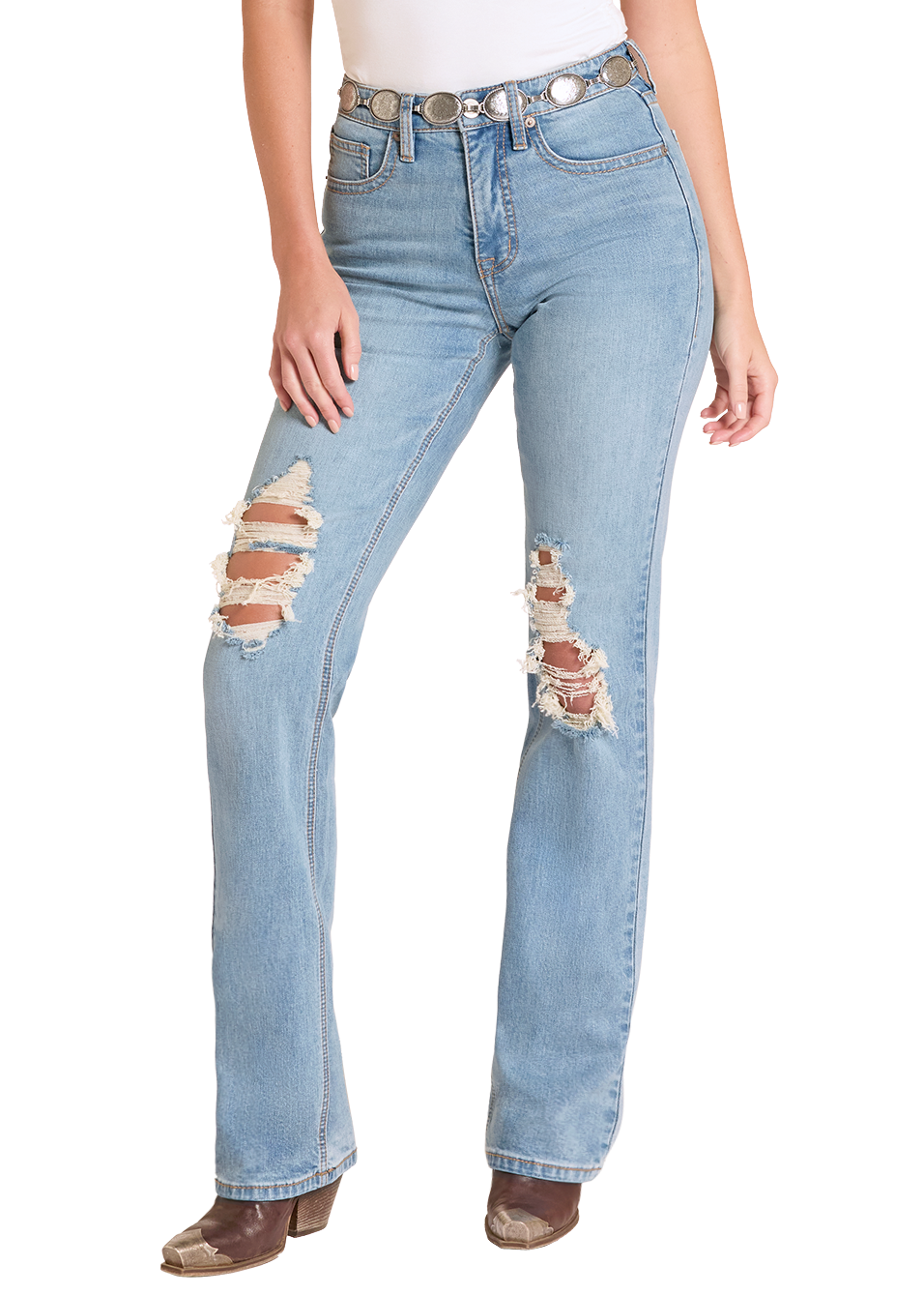 Women's distressed high waisted jeans on a white background. 