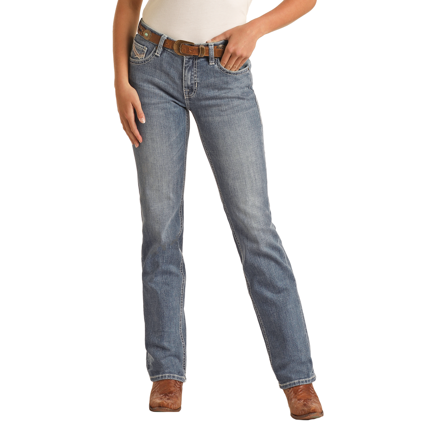 Petal Stitch Embroidered Mid Rise Bootcut Jeans