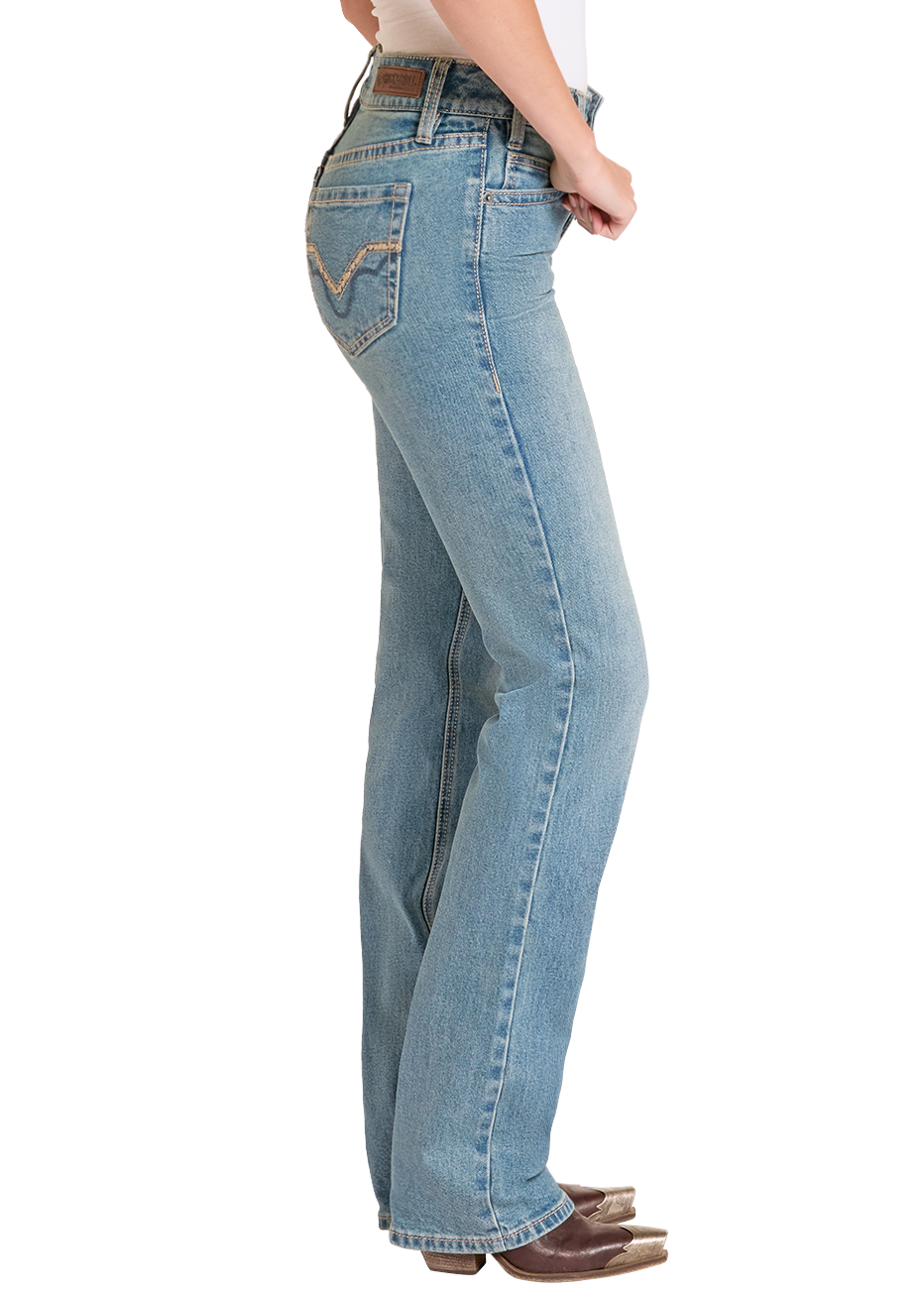 Woman wearing a white tank top, blue jeans, and a cowboy hat on a white background
