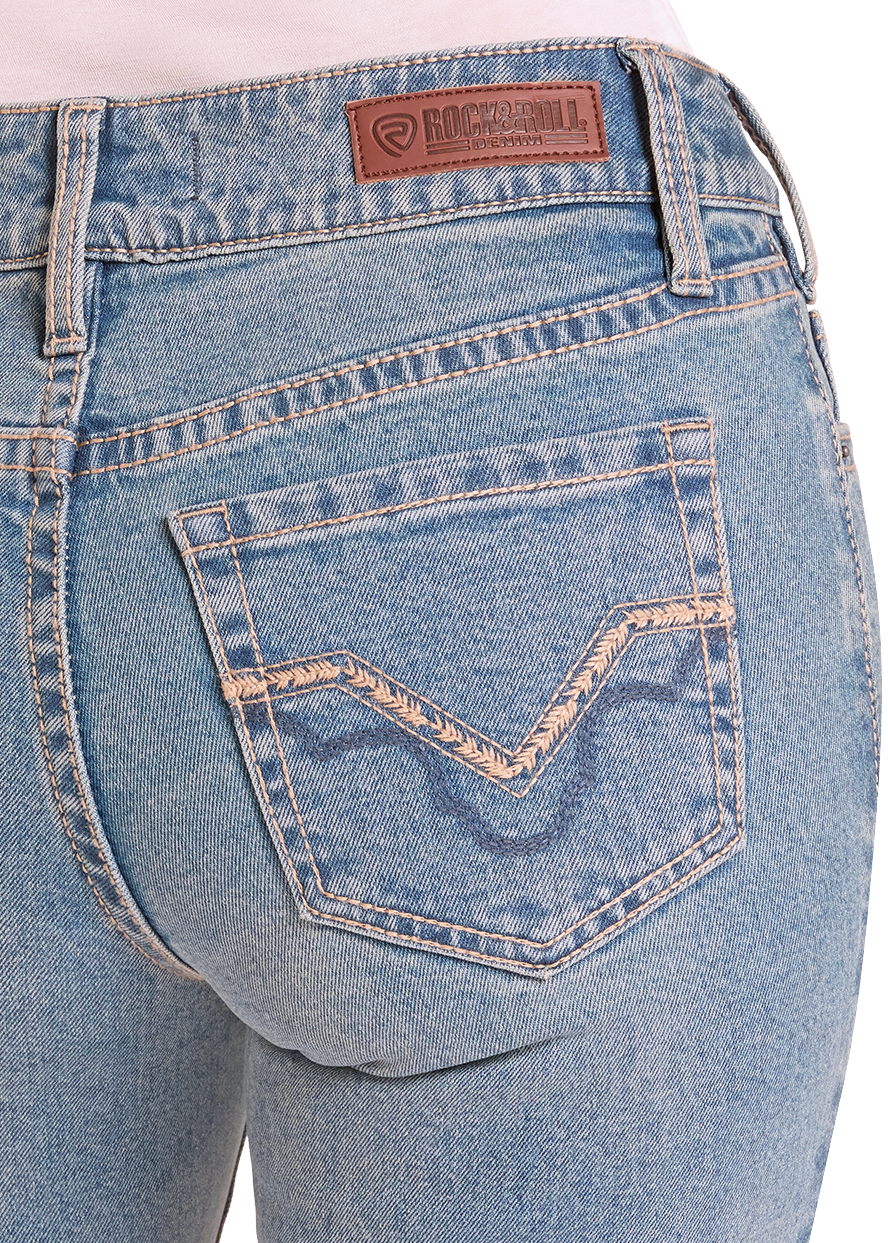 Light blue jeans with a brand logo on a white background