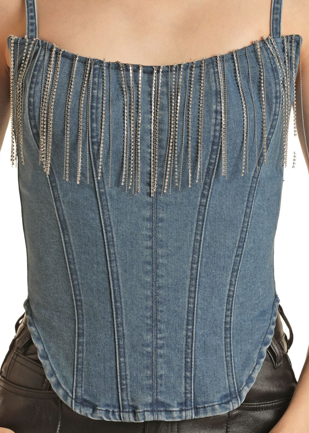 Denim corset top with chain details on a white background