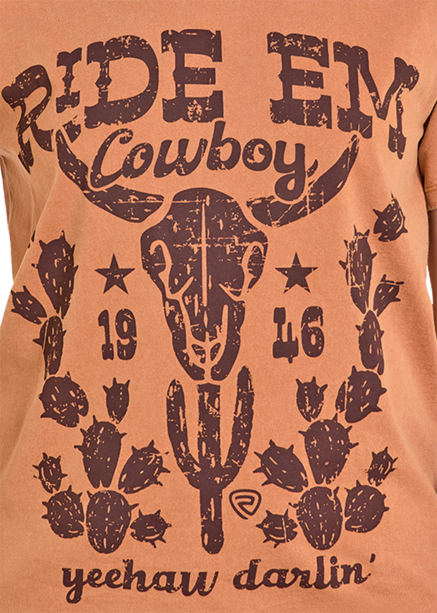 Brown shirt with cowboy-themed graphics and text on a brown background