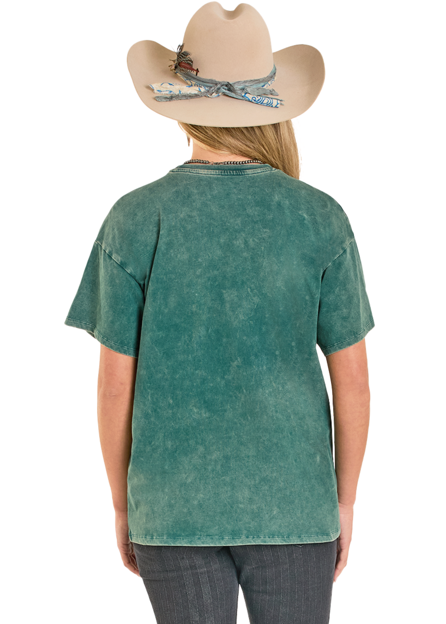 Person wearing a green shirt and beige cowboy hat on a white background