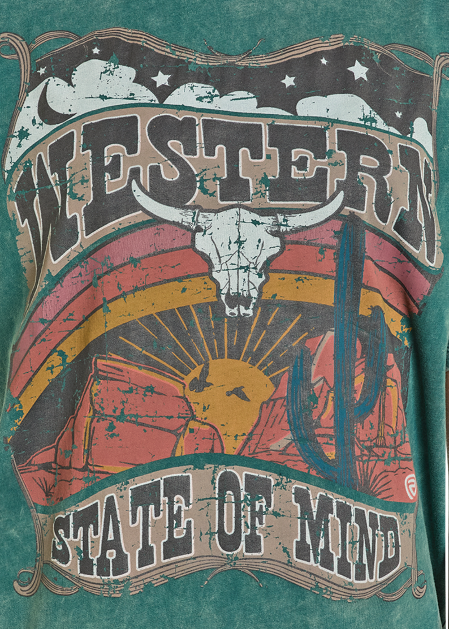 T-shirt with 'Western State of Mind' design featuring a skull and rainbow on a green background.