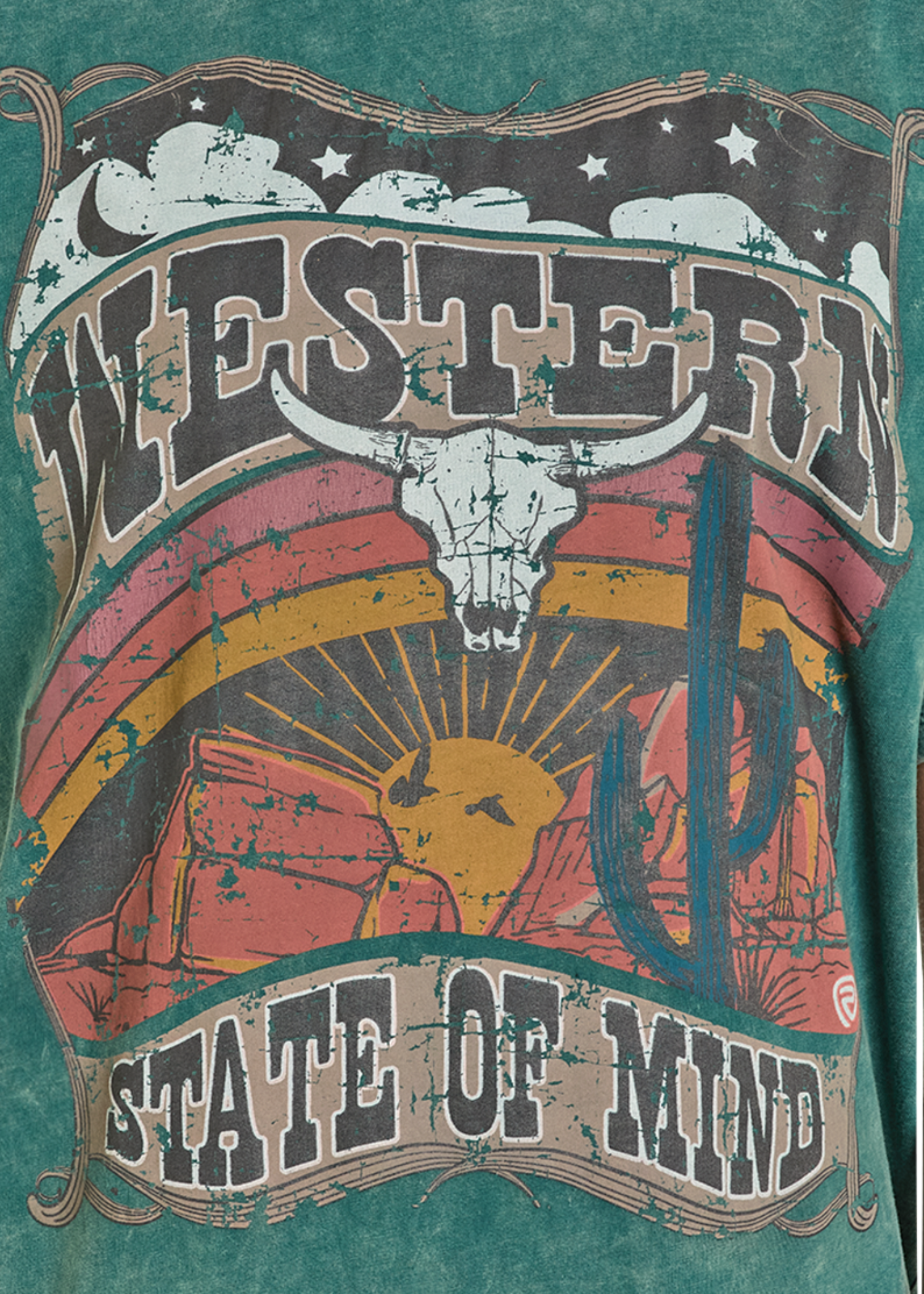 T-shirt with 'Western State of Mind' design featuring a skull and rainbow on a green background.