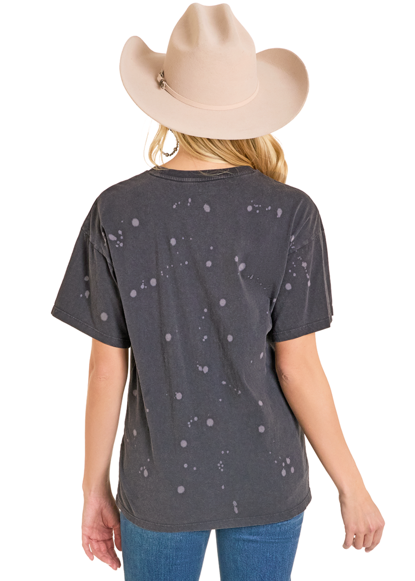 Person wearing a dark gray t-shirt with a subtle pattern and a beige cowboy hat on a white background