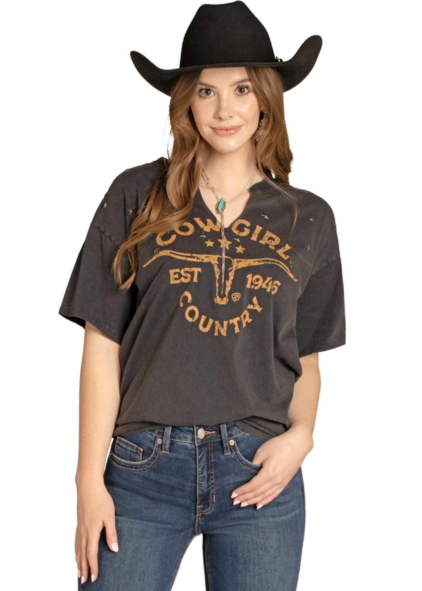 Woman wearing a black 'Cowgirl Country' t-shirt and cowboy hat on a white background