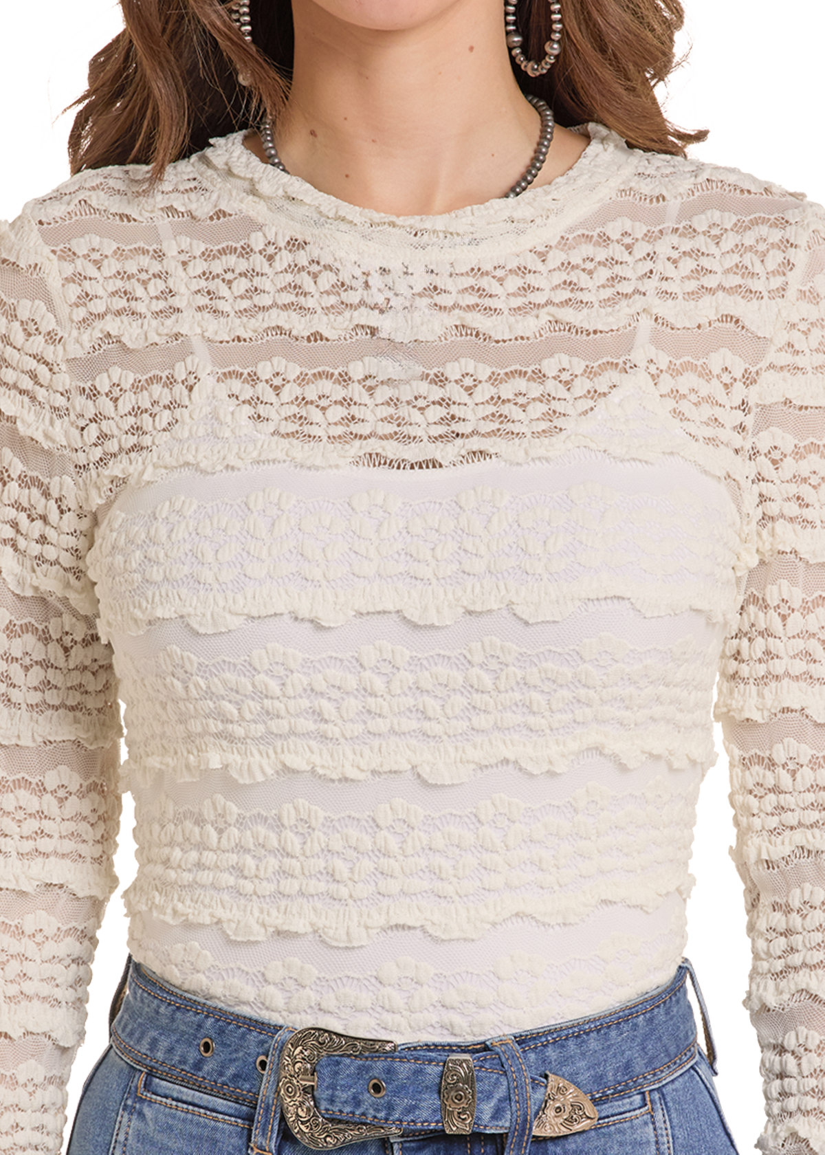 Close up of a white lace long sleeve top. 
