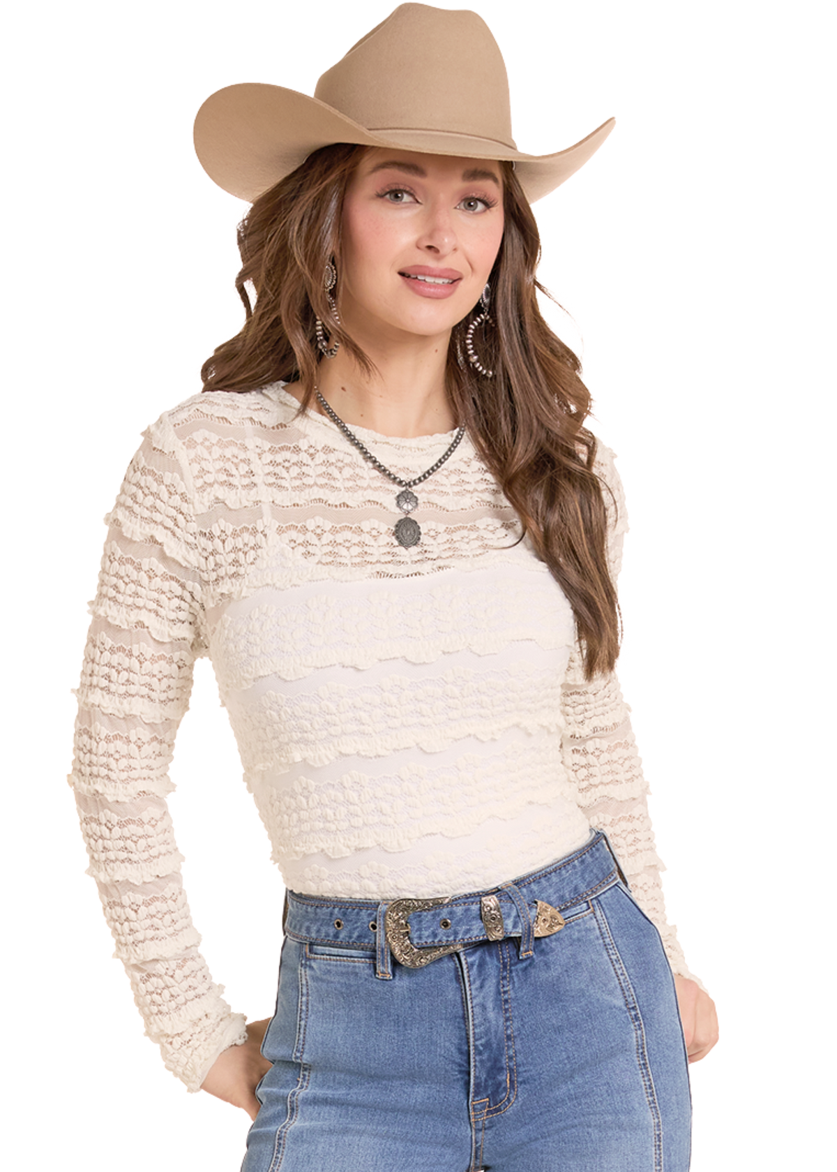 Woman wearing a long sleeve lace top. 