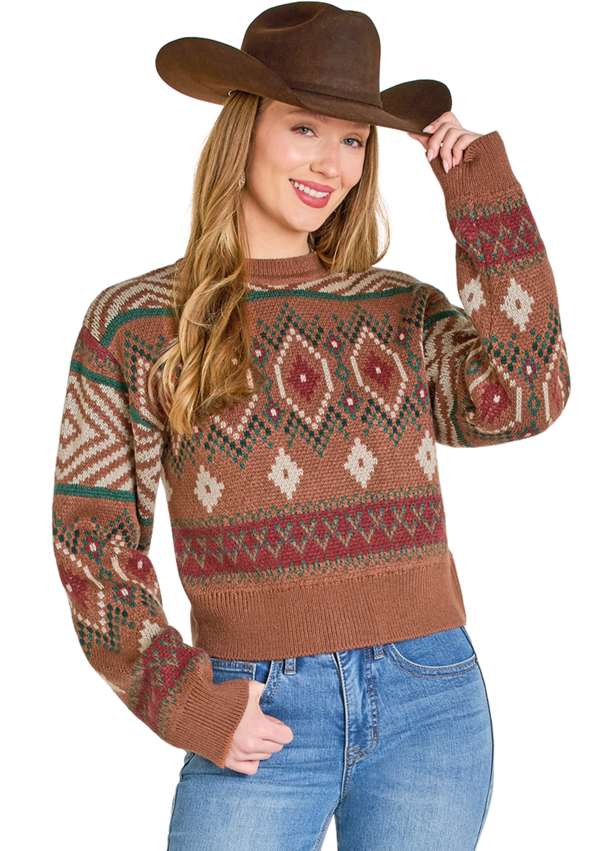 Woman wearing a patterned sweater and cowboy hat on a white background