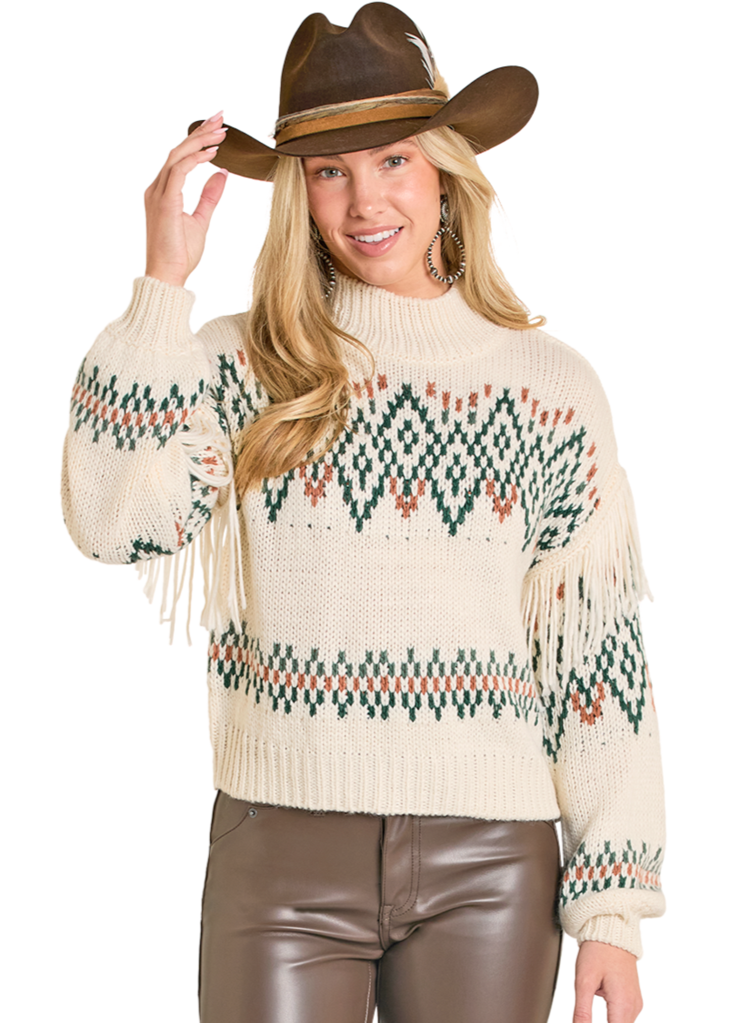Person wearing a patterned sweater and brown pants with a cowboy hat on a white background
