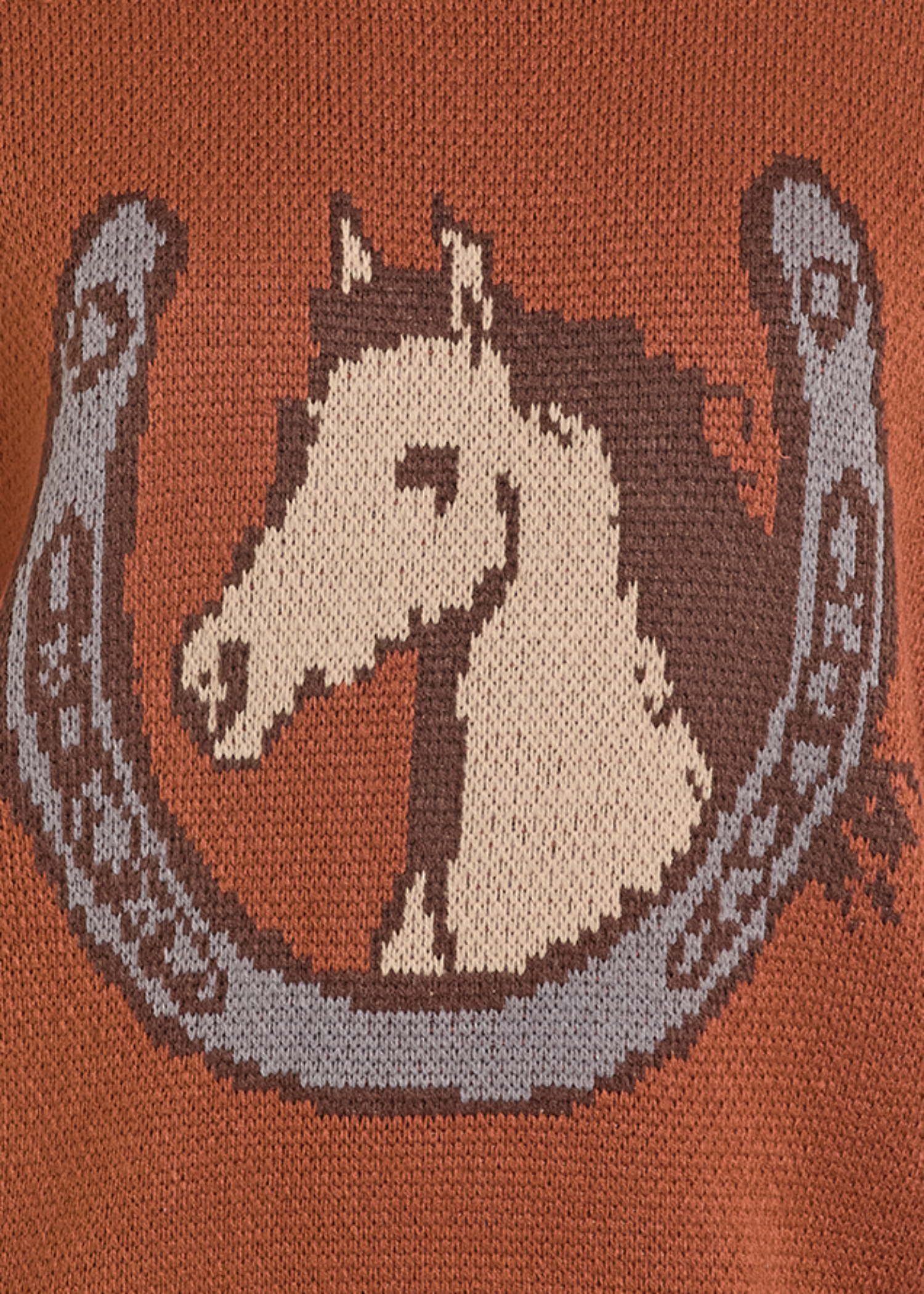 Knitted pattern of a horse's head inside a horseshoe on a brown background