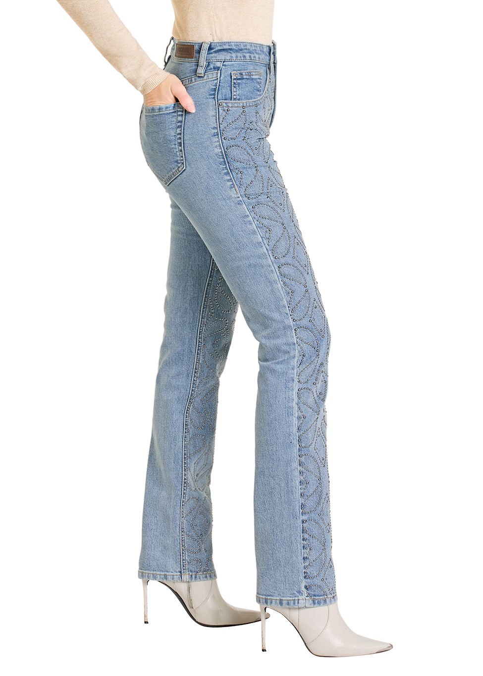 Light blue jeans worn by a person on a white background