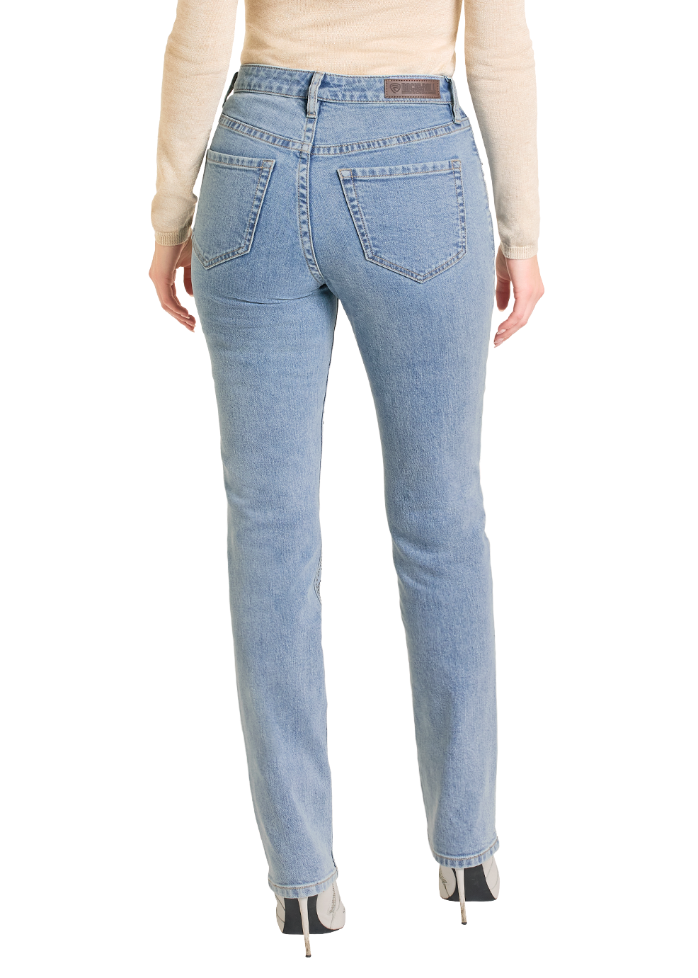 Light blue jeans worn by a person on a white background