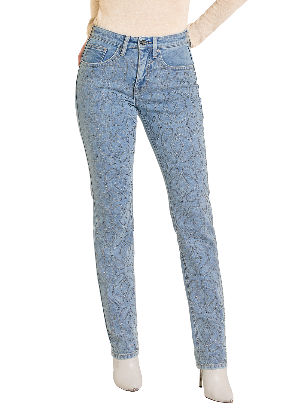 Light blue jeans worn by a person on a white background