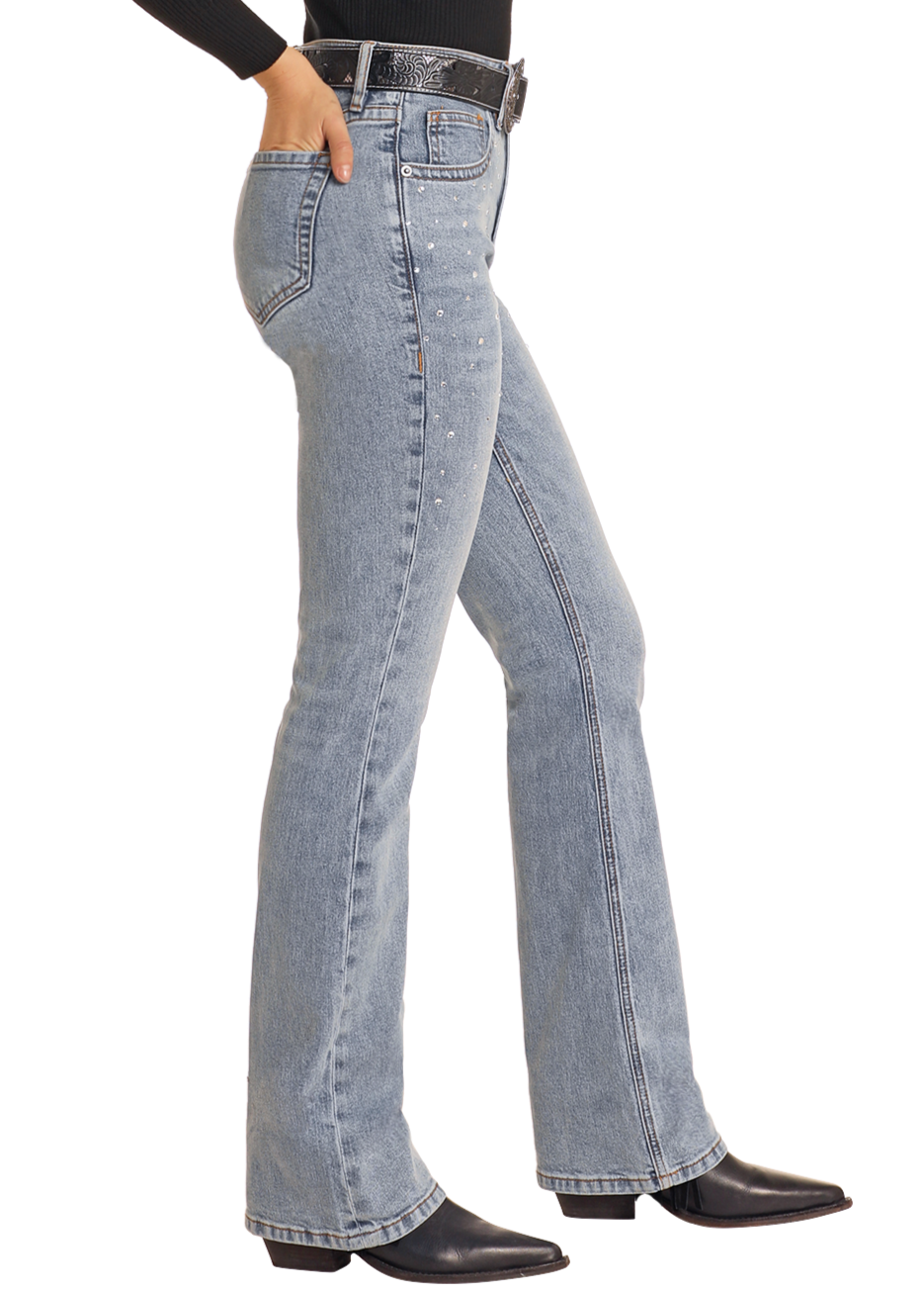 Diamond Ruffled Jeans Women's High Rise Diamond Studded Bootcut Jeans | Rock & Roll Denim