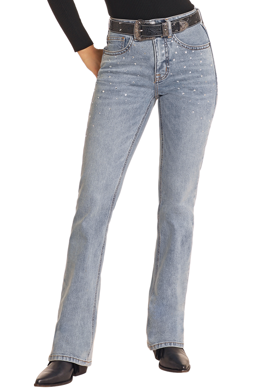 Women's High Rise Diamond Studded Bootcut Jeans Rock Roll Denim