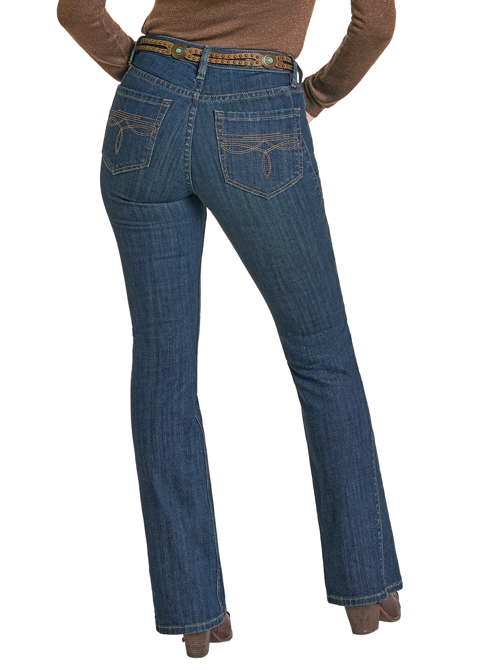 Person wearing a brown cowboy hat, brown long-sleeve shirt, and blue jeans on a white background