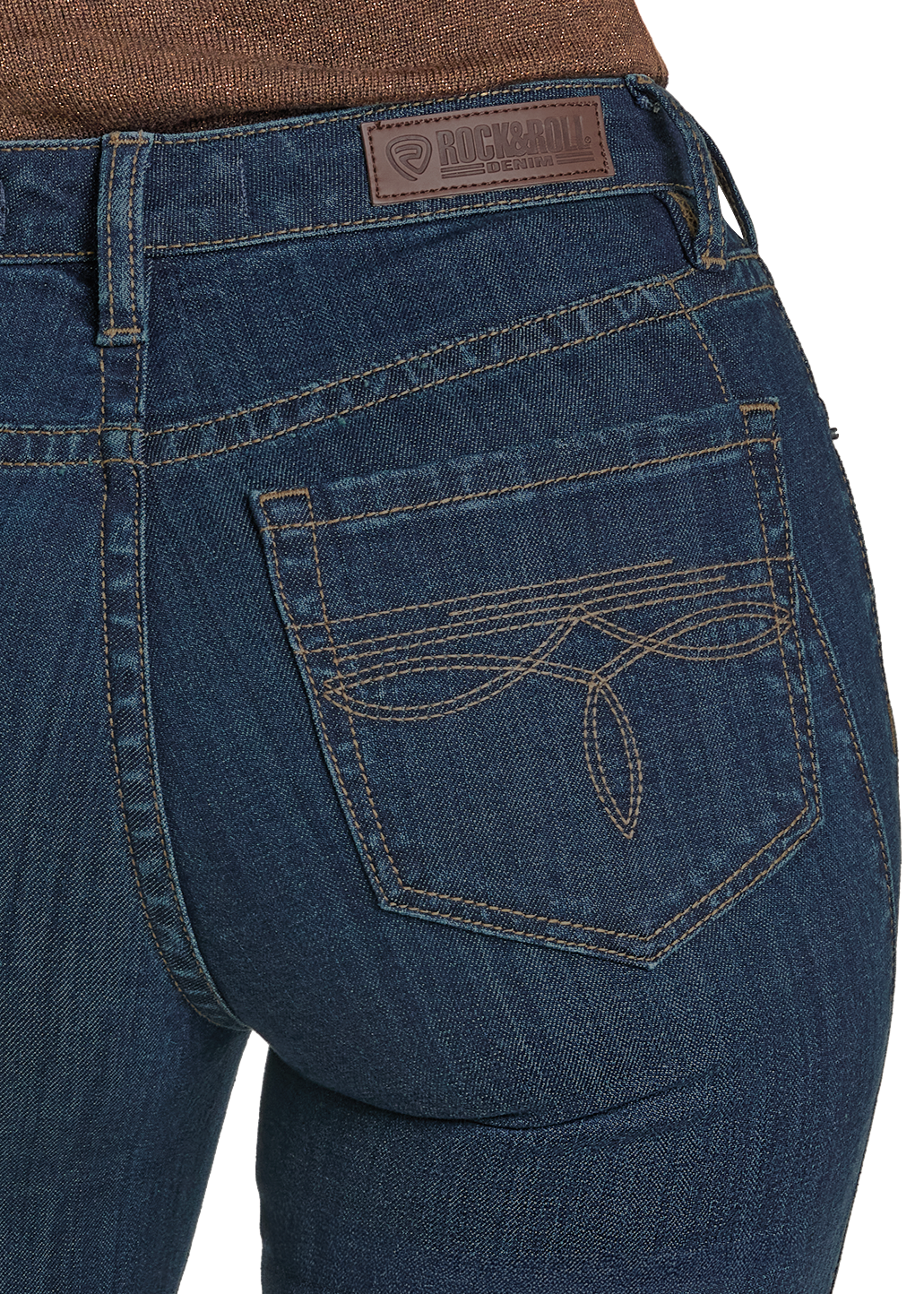 Close-up of blue jeans with a visible brand logo on a white background