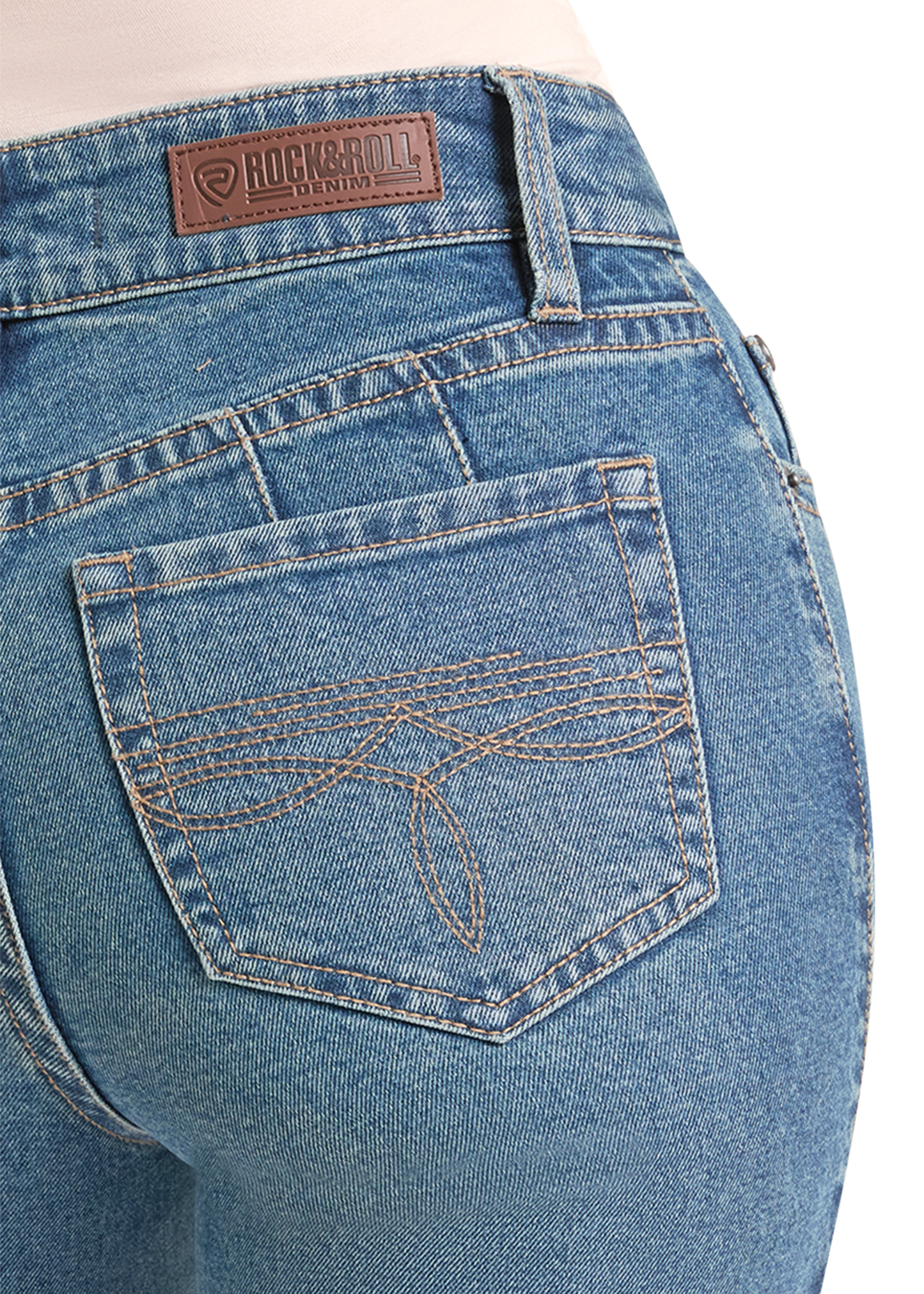 Close-up of blue jeans with a brand label on a white background