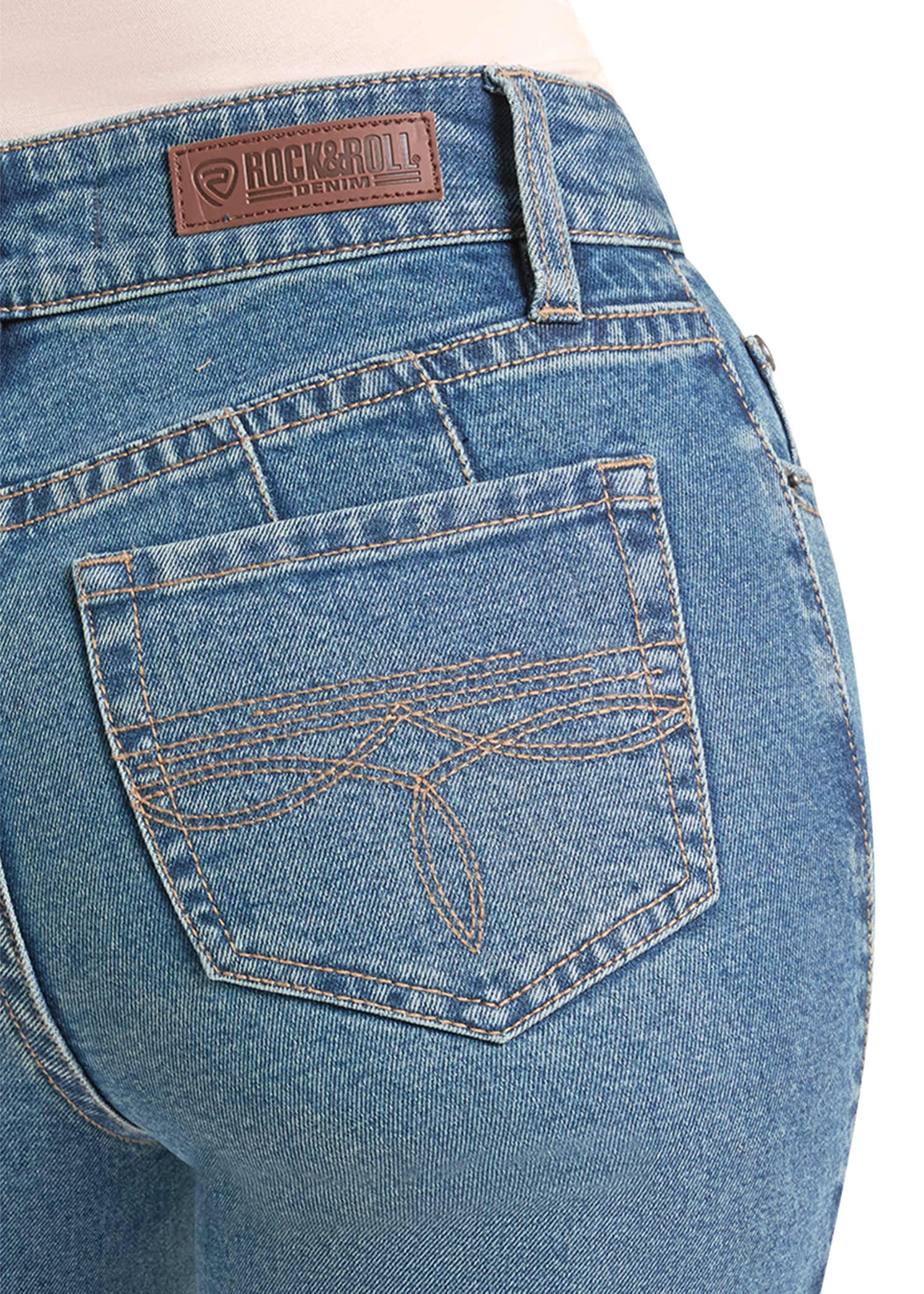 Close-up of blue jeans with a brand label on a white background