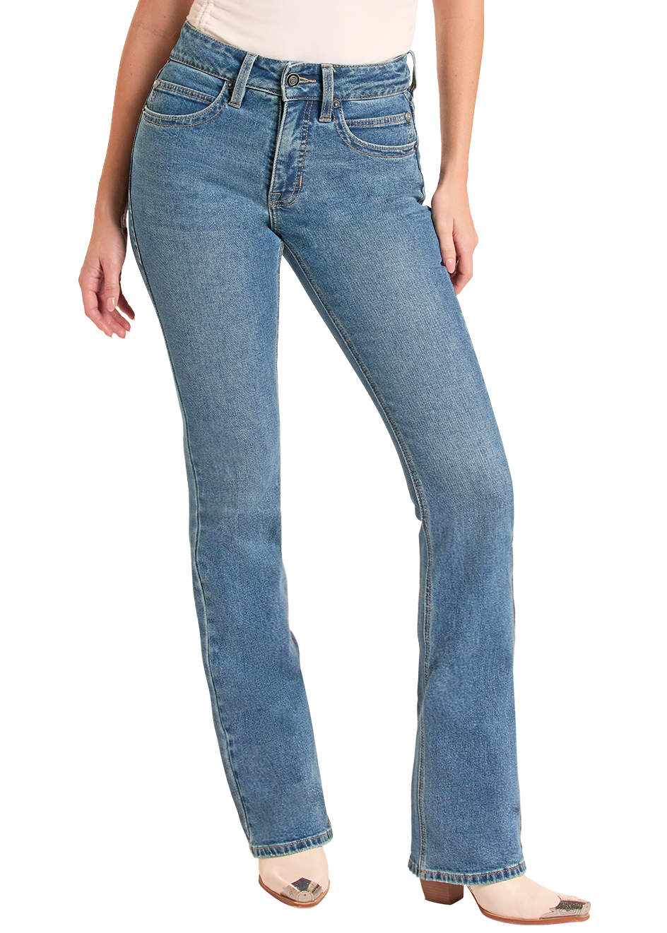 Blue jeans worn by a person on a white background