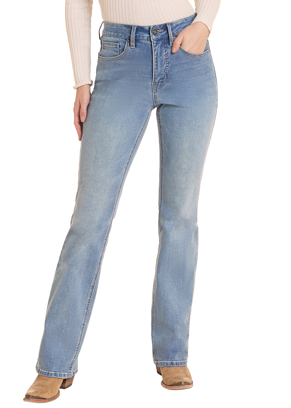 A woman modeling a light beige ribbed long-sleeve top, light-wash blue jeans, and a tan cowboy hat against a plain white background.