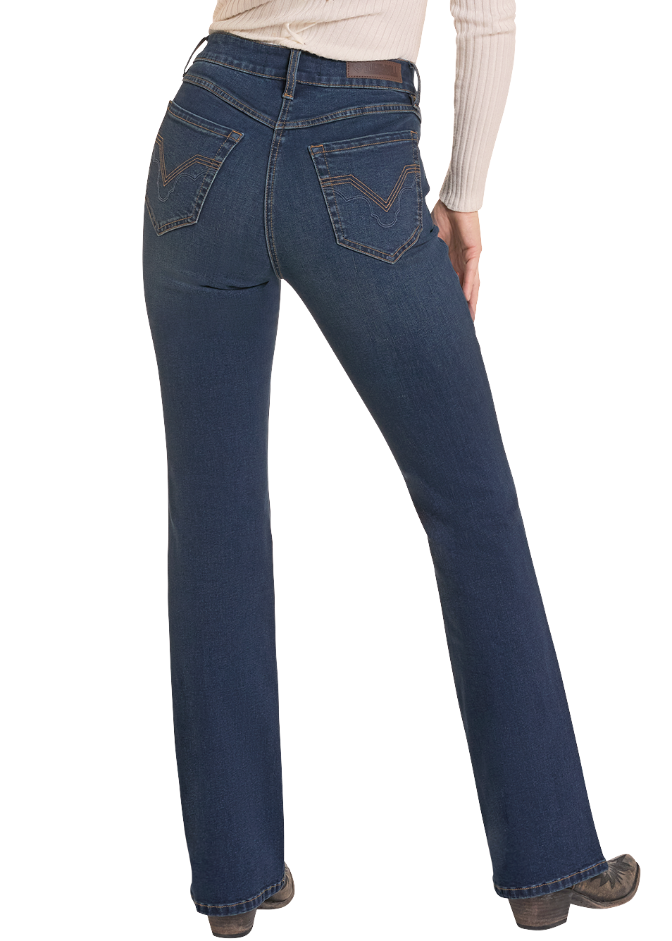 A woman shown from the back wearing a beige cowboy hat, a cream ribbed long-sleeve top, dark blue jeans, and brown boots against a plain white background.