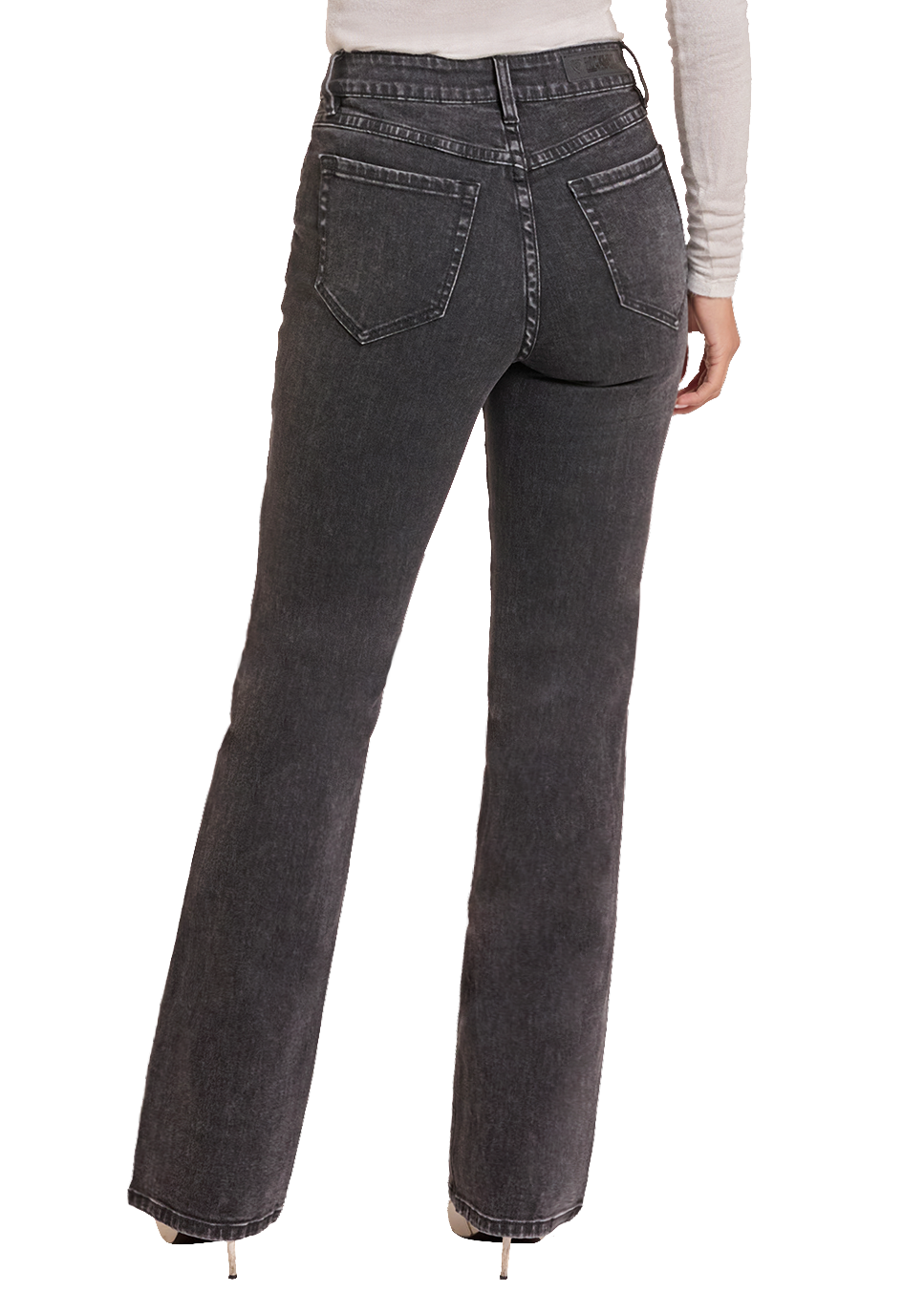 Back view of woman wearing  black jeans. 