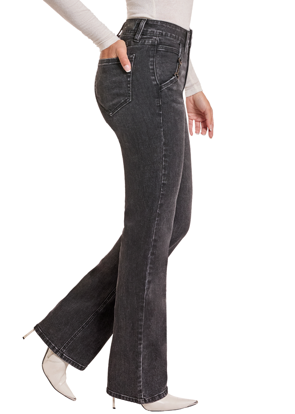Side view of women in black jeans. 